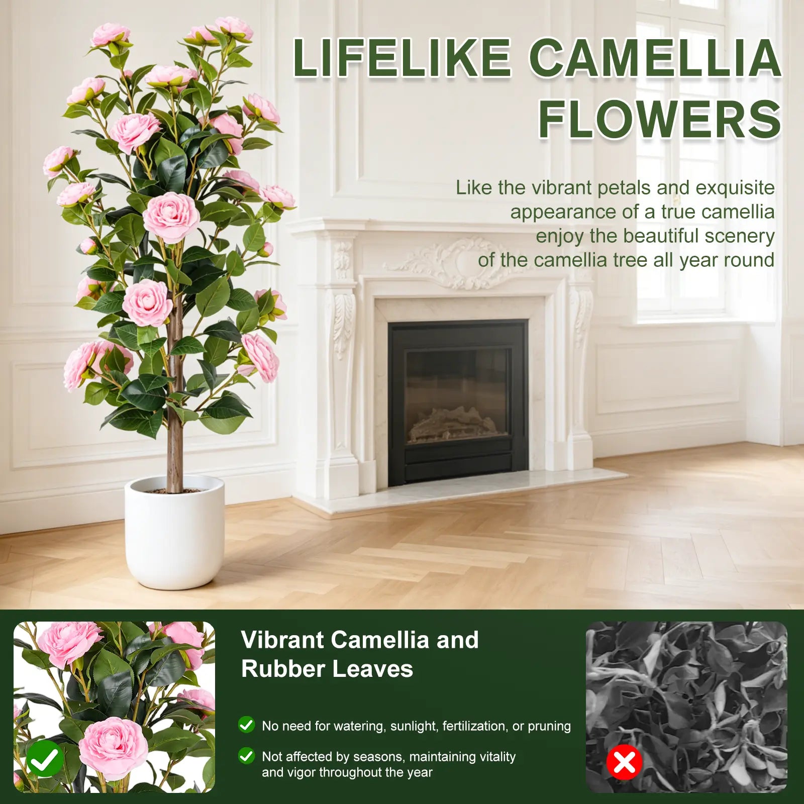 35" Realistic Artificial Camellia Tree, 2 Pcs No Fading Fake Flower Shrub, Weather Resistant Artificial Plants for Bedroom Patio Wedding Home Decoration, Best Housewarming Present