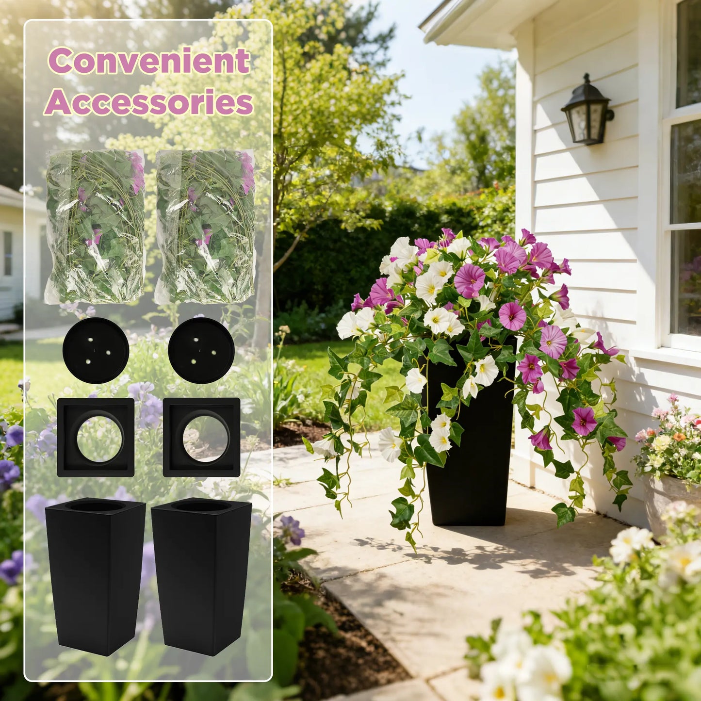 Set of 2 Artificial Flowers Outdoor with 2 Black Planters Total 60Cm, Fake Silk Flowers Durable Faux Plants for Front Porch, Patio, Garden Decoration Home