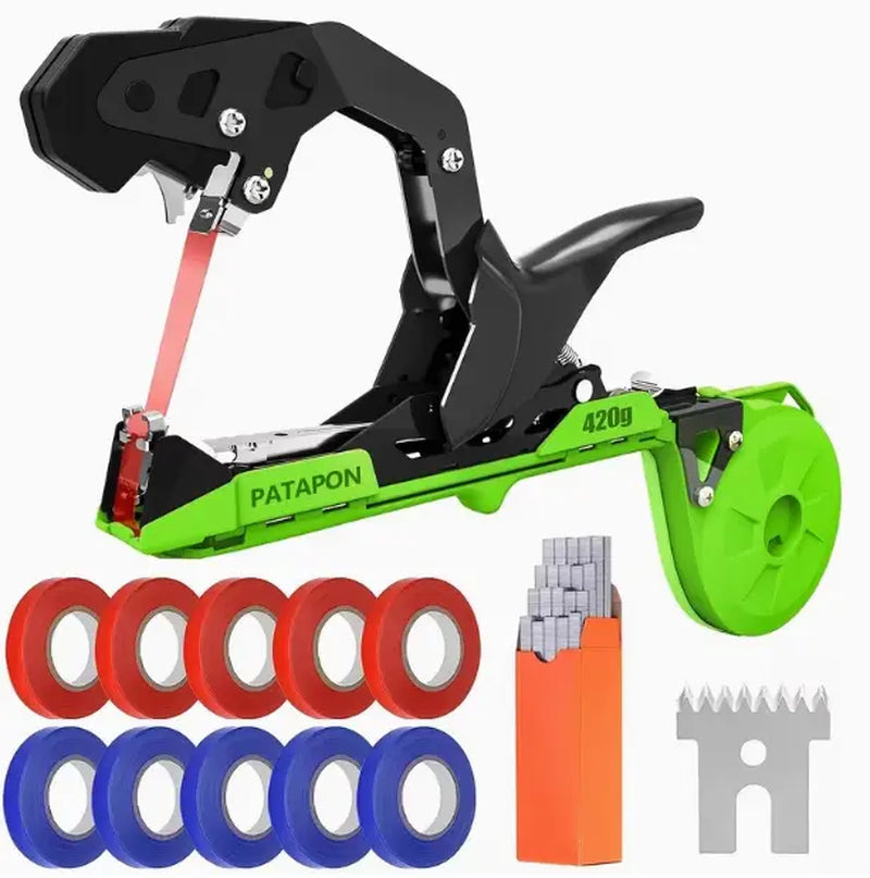 Plant Tying Machine, Lightweight Vine Tying Tape Dispenser, Suitable for Tomatoes, Grapes and Vegetable Gardens, Comes with 10,000 Staples and 10 Rolls of Tape (Green)