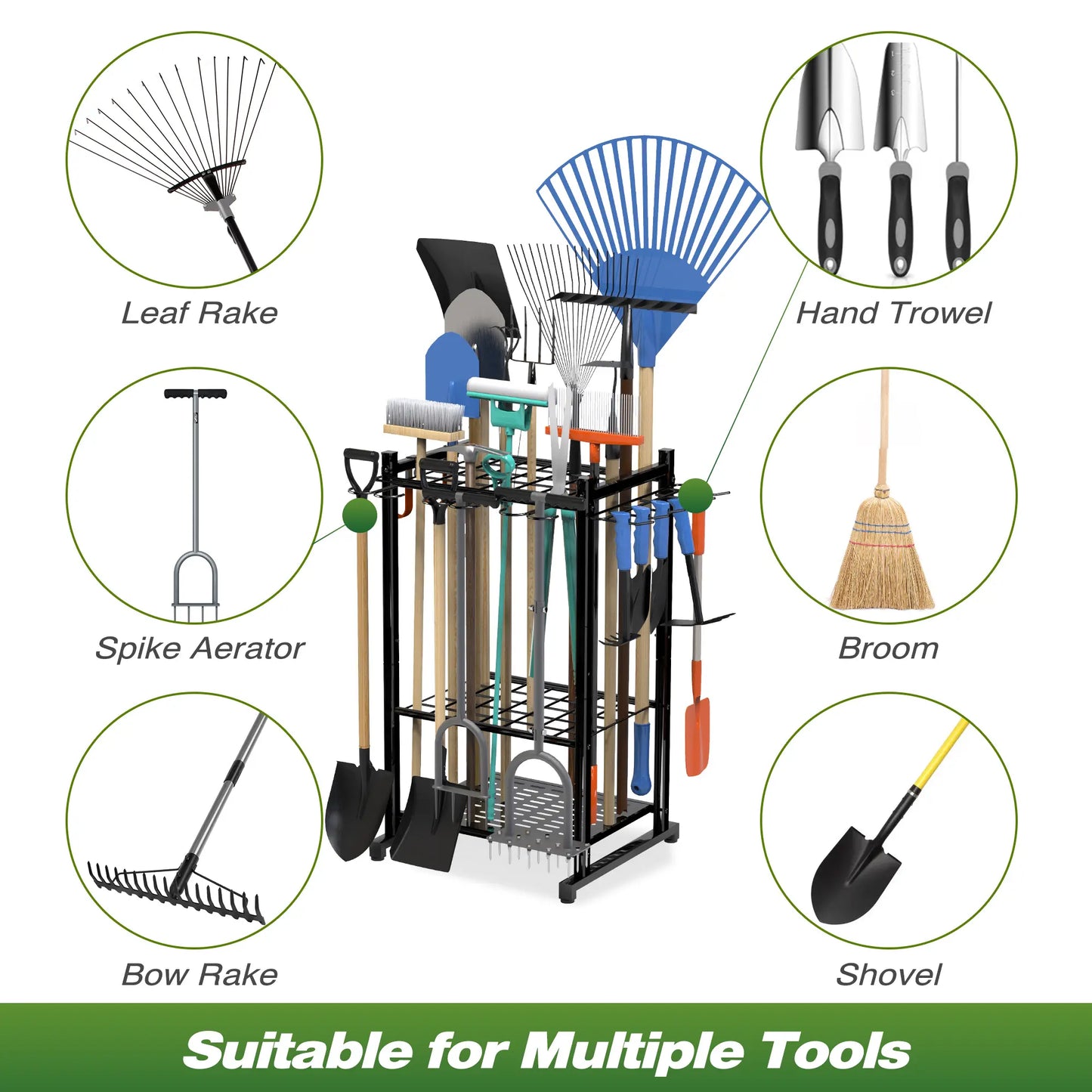 Sttoraboks Garden Tool Organizer, Yard Tool Rack for Garage Organization and Storage, Heavy Duty Steel Tool Holder, Garden Tool Stand for Shed, Basement, Outdoor