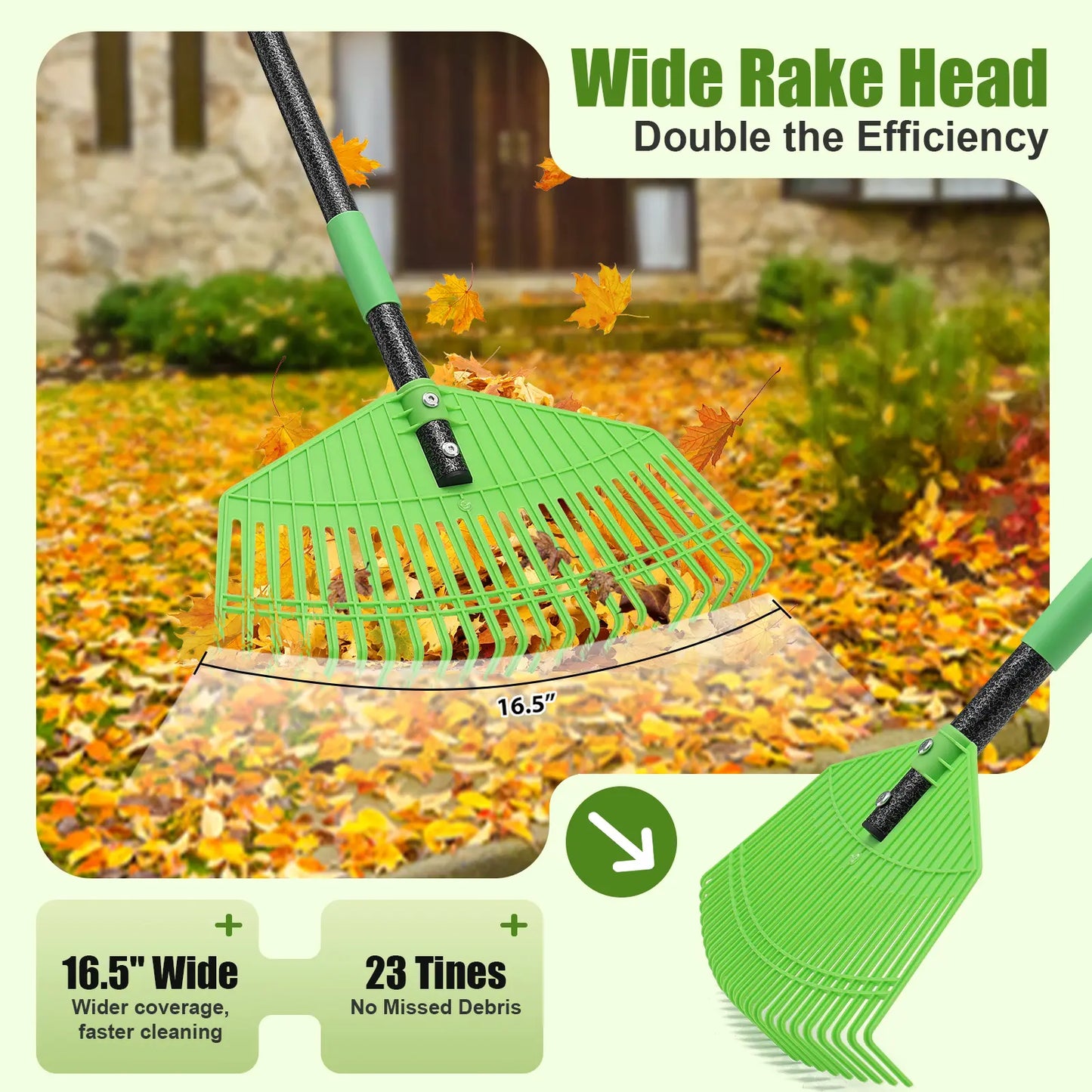 Adjustable 65'' Lightweight Plastic Leaf Rake - Ideal for Leaves, Grass, Pine Needles, and Mulch; Gentle on Lawn and Garden - User-Friendly for Women, Seniors, and Children