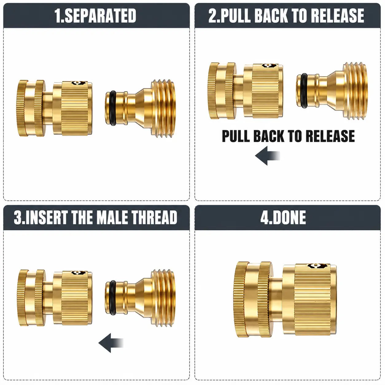 Garden Hose Quick Connector, 1 PCS Solid Brass 3/4 Inch GHT Thread Fitting(No Sprayer), No-Leak Water Hose Female & Male Adapter, Garden Hose Connectors