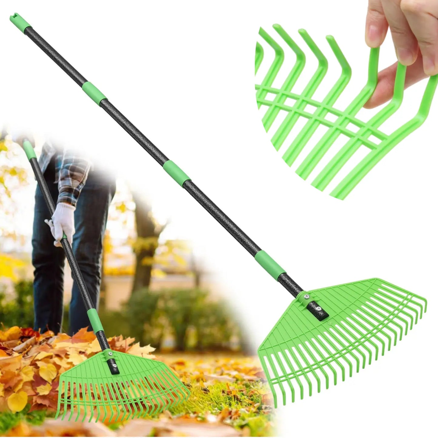 Adjustable 65'' Lightweight Plastic Leaf Rake - Ideal for Leaves, Grass, Pine Needles, and Mulch; Gentle on Lawn and Garden - User-Friendly for Women, Seniors, and Children