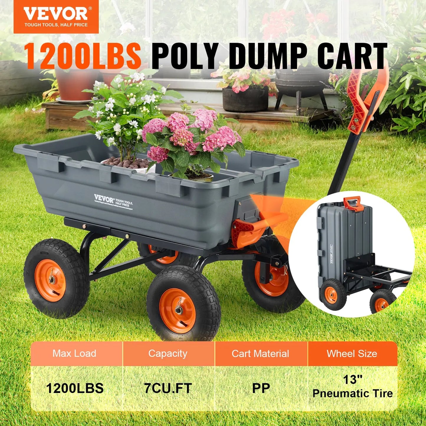 【Dealsforyoudays】Vevor Poly Garden Dump Cart with Easy to Assemble Steel Frame 2-In-1 Convertible Handle13 Inch Tiresmax Capacity 1500 Lbsutility Wheelbarrow Productivity Yard