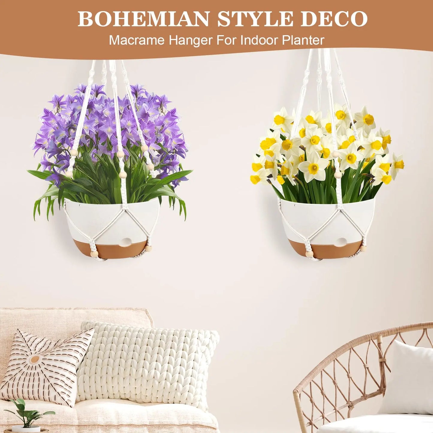 3 Pack Hanging Planters for Indoor Plants, 10 + 10 + 8 Inch Self-Watering Hanging Plant Pot, Macrame Plant Hanger with Pot, Ceiling Hooks, Removable Saucer and Drainage Holes for Garden Home
