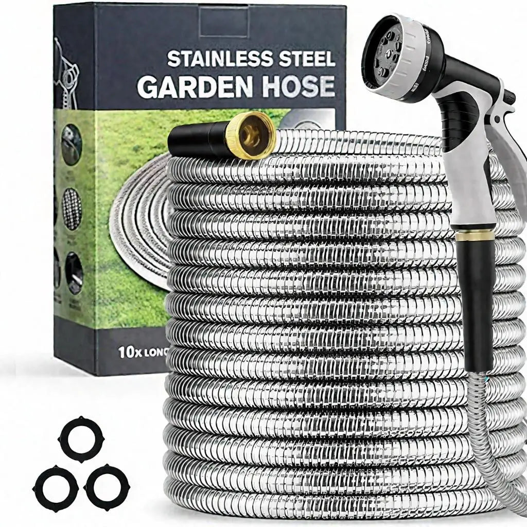 304 Garden Hose Metal 50FT/100FT Stainless Steel Heavy Duty Water Hose with 10 Function Nozzle, No-Kink, Tough & Flexible, Rust Proof for Yard, Outdoor, RV