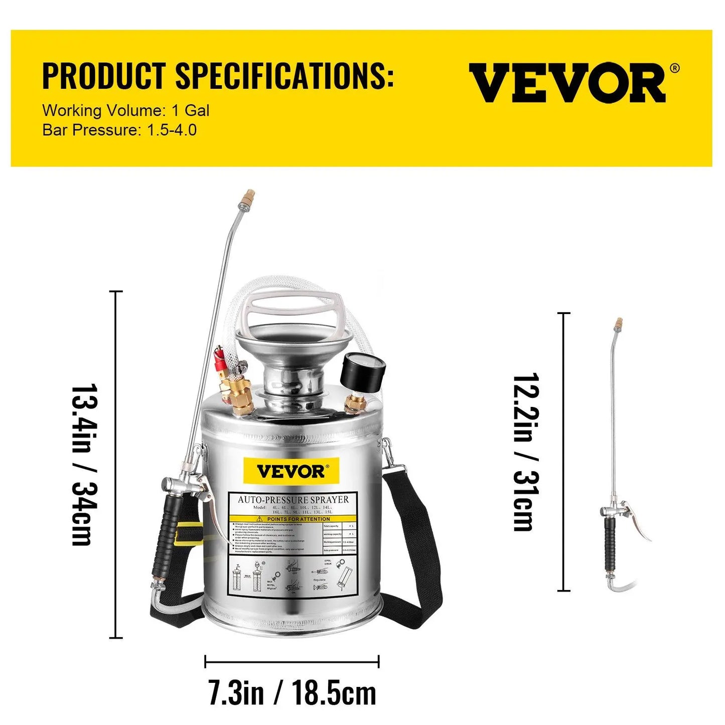 【Fathersdaygift】Vevor Stainless Steel Sprayer, Set with Wand& Handle& Reinforced Hose, Hand Pump Sprayer with Pressure Gauge&Safety Valve, Adjustable Nozzle Suitable for Gardening& Sanitizing VEVOR Super Brand Day