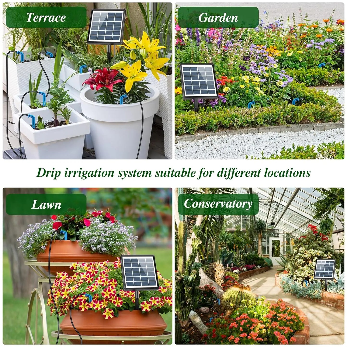 Solar-Powered Automatic Drip Irrigation Kit with Timer, 12 Modes, Water Level Alarm, 15 Plants, 15M Tube & Drippers, for Indoor Outdoor Garden, Balcony, Greenhouse & Potted Plants