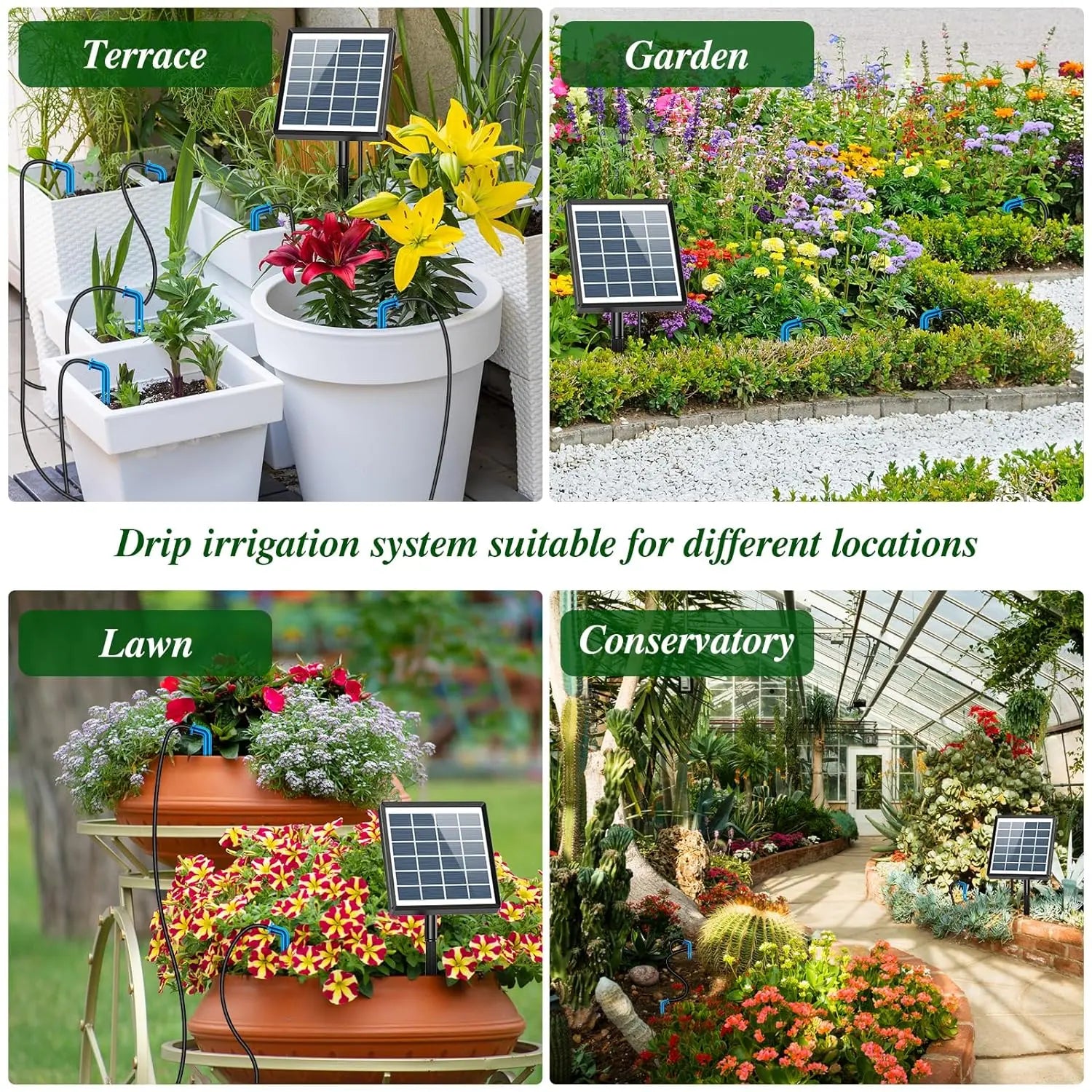 Solar-Powered Automatic Drip Irrigation Kit with Timer, 12 Modes, Water Level Alarm, 15 Plants, 15M Tube & Drippers, for Indoor Outdoor Garden, Balcony, Greenhouse & Potted Plants