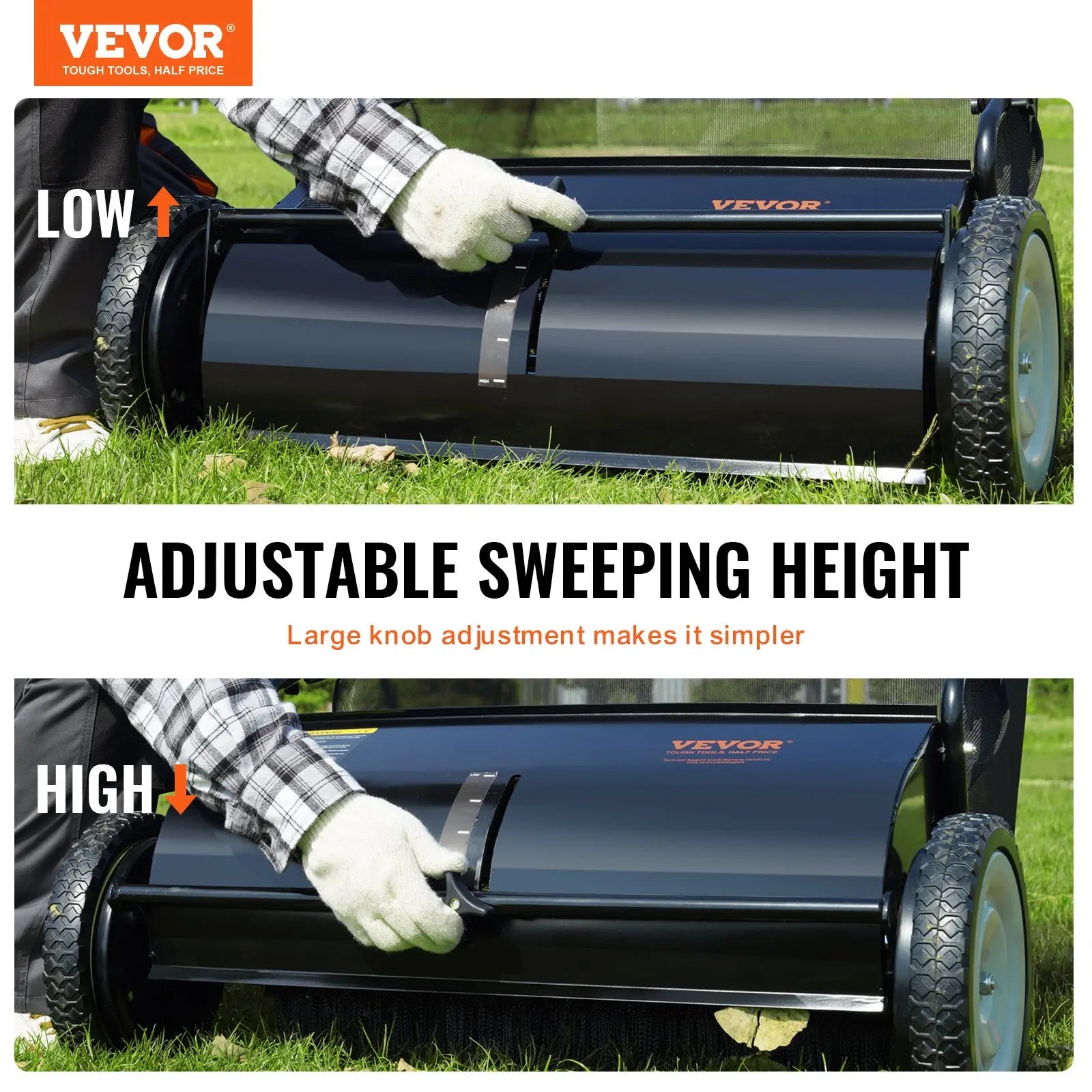 【Dealsforyoudays】Vevor Push Lawn Sweeper 26 Inch Leaf & Grass Collectorstrong Rubber Wheels & Heavy Duty Thickened Steel Durable to Use with Large Capacity 7 Ft³ Mesh Collection Bag4 Spinning Brushes