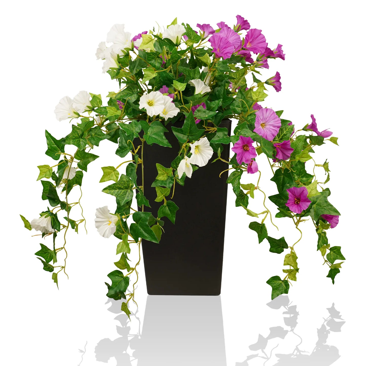 Set of 2 Artificial Flowers Outdoor with 2 Black Planters Total 60Cm, Fake Silk Flowers Durable Faux Plants for Front Porch, Patio, Garden Decoration Home
