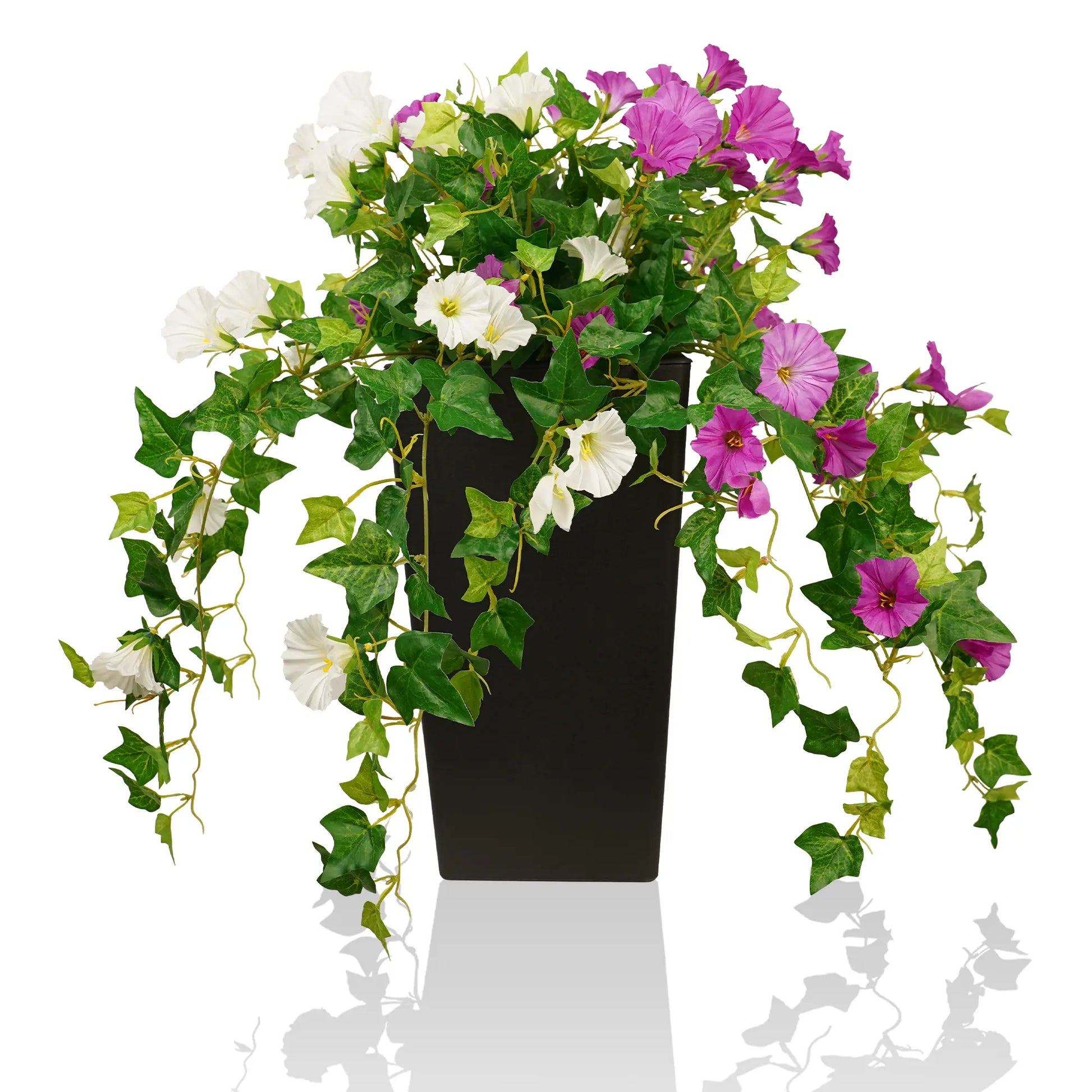 Set of 2 Artificial Flowers Outdoor with 2 Black Planters Total 60Cm, Fake Silk Flowers Durable Faux Plants for Front Porch, Patio, Garden Decoration Home