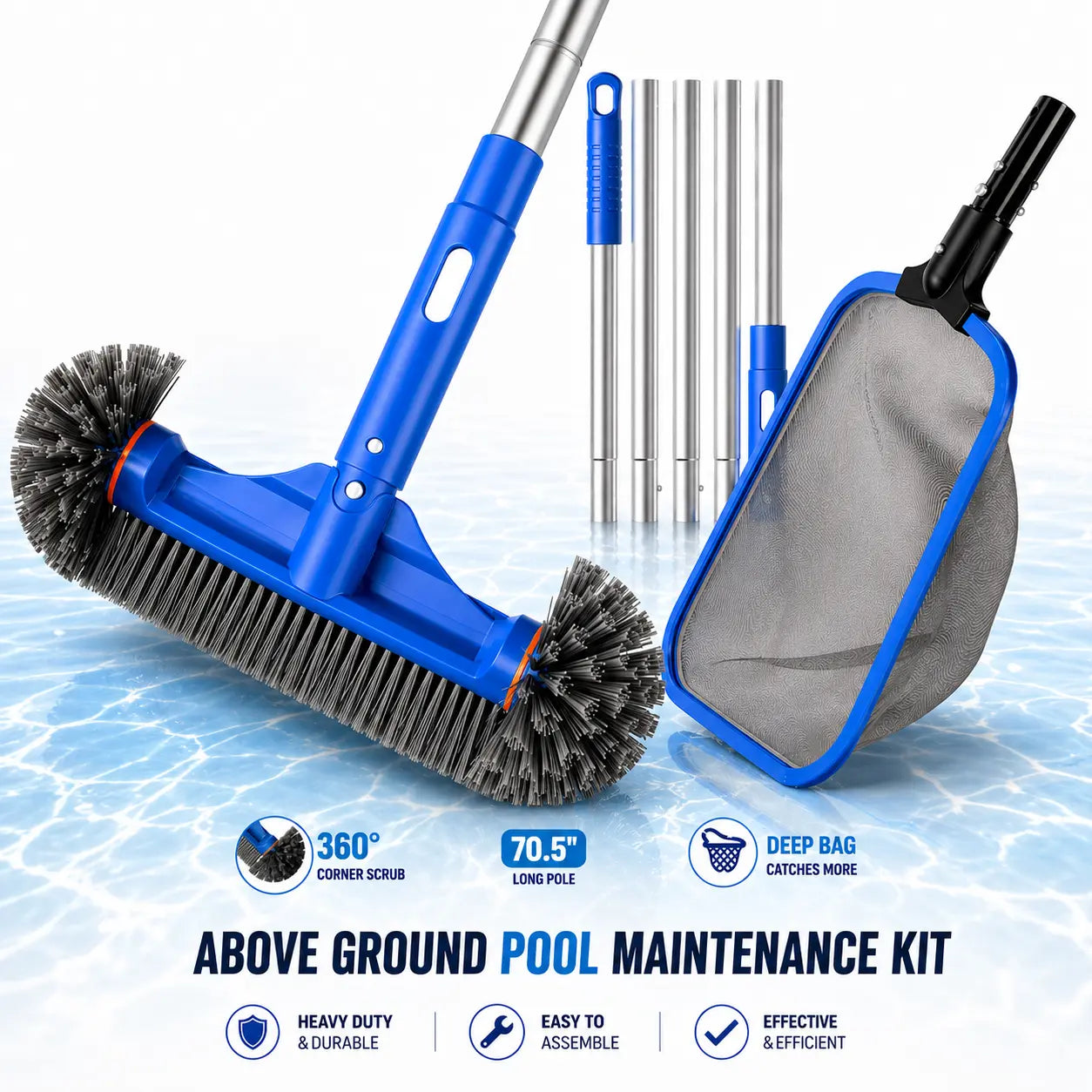 Sepetrel Complete Adjustable Aluminum Pool Maintenance Kit with 70" Pole, Fine Mesh Leaf Skimmer Net, and 12" Brush - Ideal for Above Ground Pools, Spas, and Hot Tubs