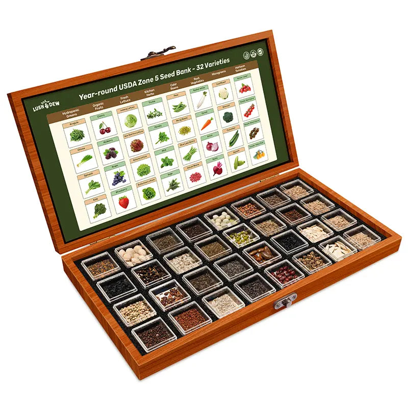 LUSH&DEW Year-Round USDA Zone 7 Seed Bank - 32 Organic Seed Varieties for All Seasons Gardening with Seasonal Synchrony