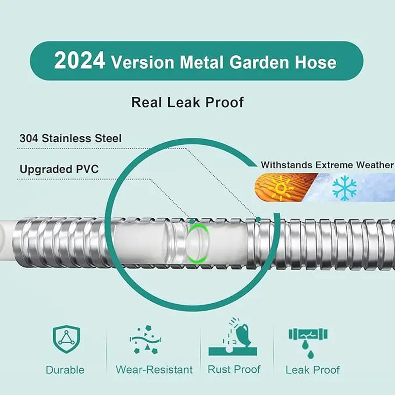 304 Garden Hose Metal 50FT/100FT Stainless Steel Heavy Duty Water Hose with 10 Function Nozzle, No-Kink, Tough & Flexible, Rust Proof for Yard, Outdoor, RV