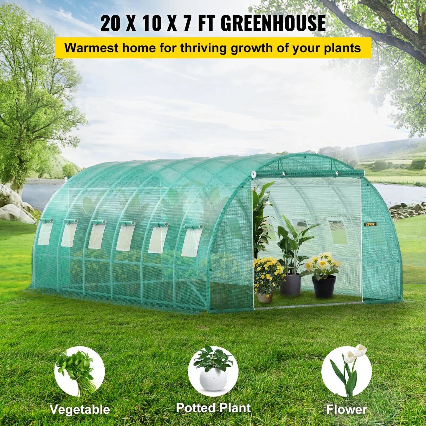 【Fathersdaygift】Vevor Walk-In Tunnel Greenhouse Portable Hot Housemax. 20 X 10 X 7 Ftgalvanized Steel Hoops3 Top Beams2 Zippered Doorsdiagonal Poles, Tunnel Enclosure Houses,Campingessentials,Outdoorfurnitureset,Campinggear