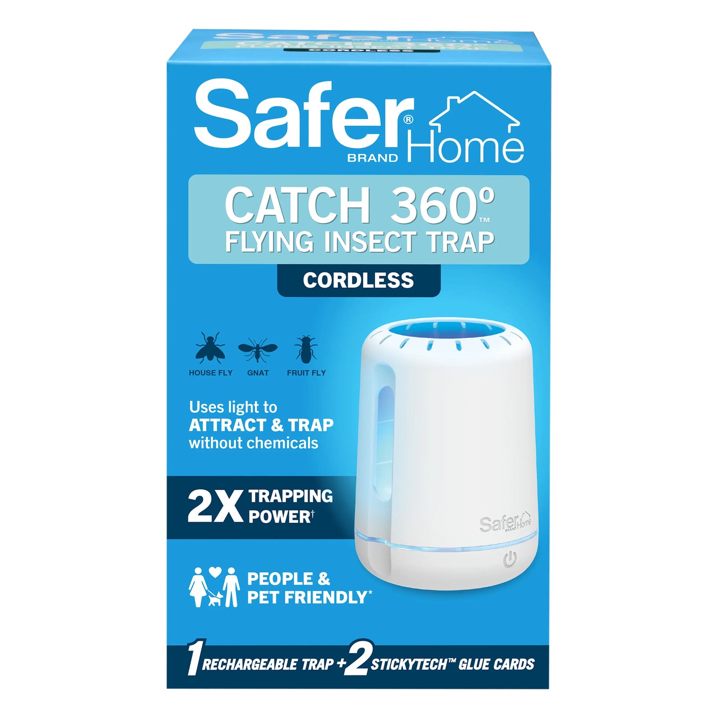 Safer Home Catch 360° Cordless Insect Trap with UV LED Light, Chemical-Free Operation, 10-Day Rechargeable Battery, Effective Indoor Fruit Fly and Gnat Control, Includes 1 Device and 2 Glue Cards