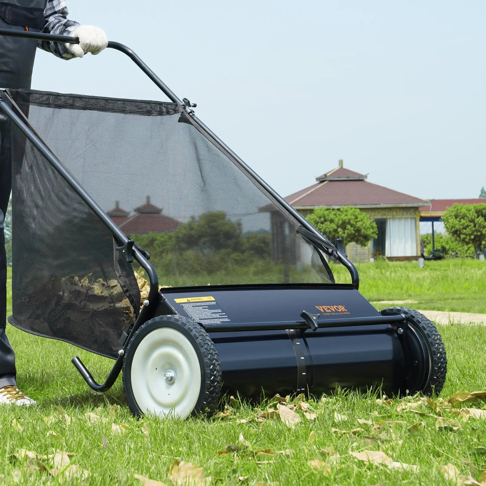 【Dealsforyoudays】Vevor Push Lawn Sweeper 26 Inch Leaf & Grass Collectorstrong Rubber Wheels & Heavy Duty Thickened Steel Durable to Use with Large Capacity 7 Ft³ Mesh Collection Bag4 Spinning Brushes