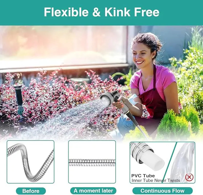 304 Garden Hose Metal 50FT/100FT Stainless Steel Heavy Duty Water Hose with 10 Function Nozzle, No-Kink, Tough & Flexible, Rust Proof for Yard, Outdoor, RV