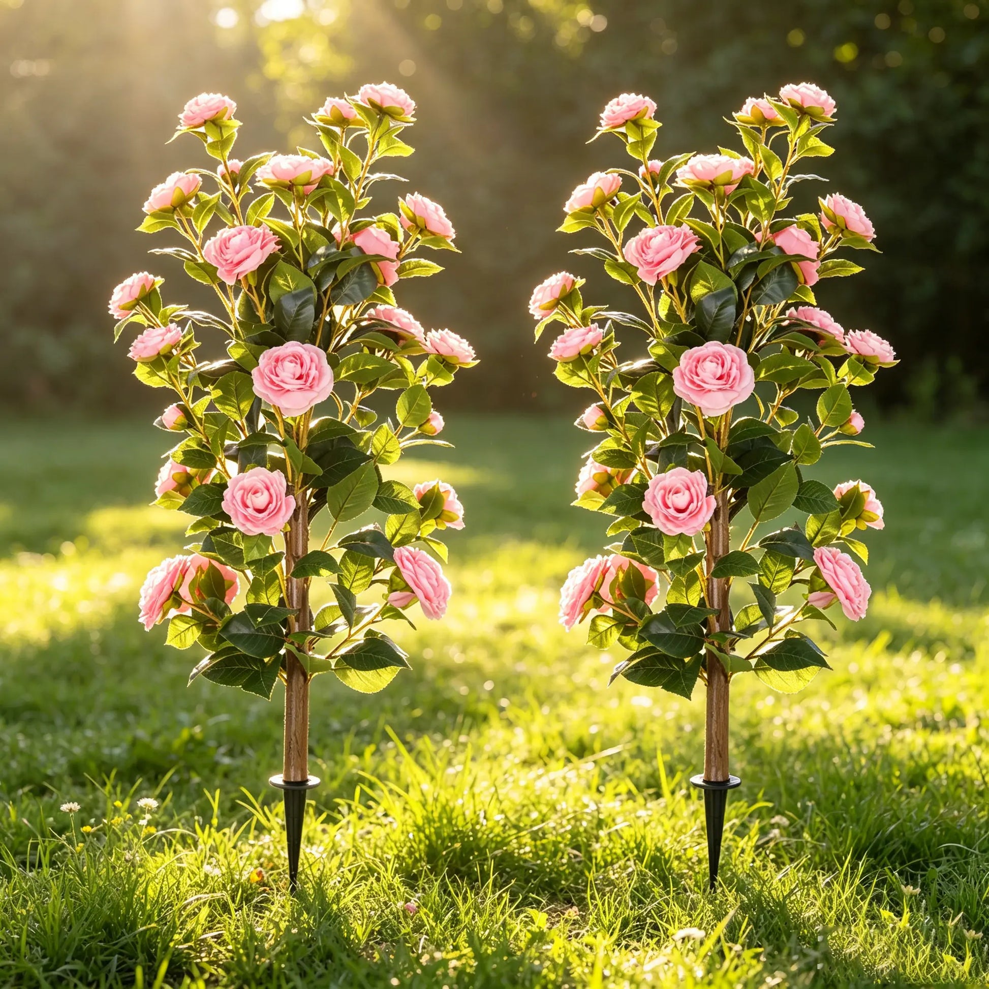 35" Realistic Artificial Camellia Tree, 2 Pcs No Fading Fake Flower Shrub, Weather Resistant Artificial Plants for Bedroom Patio Wedding Home Decoration, Best Housewarming Present
