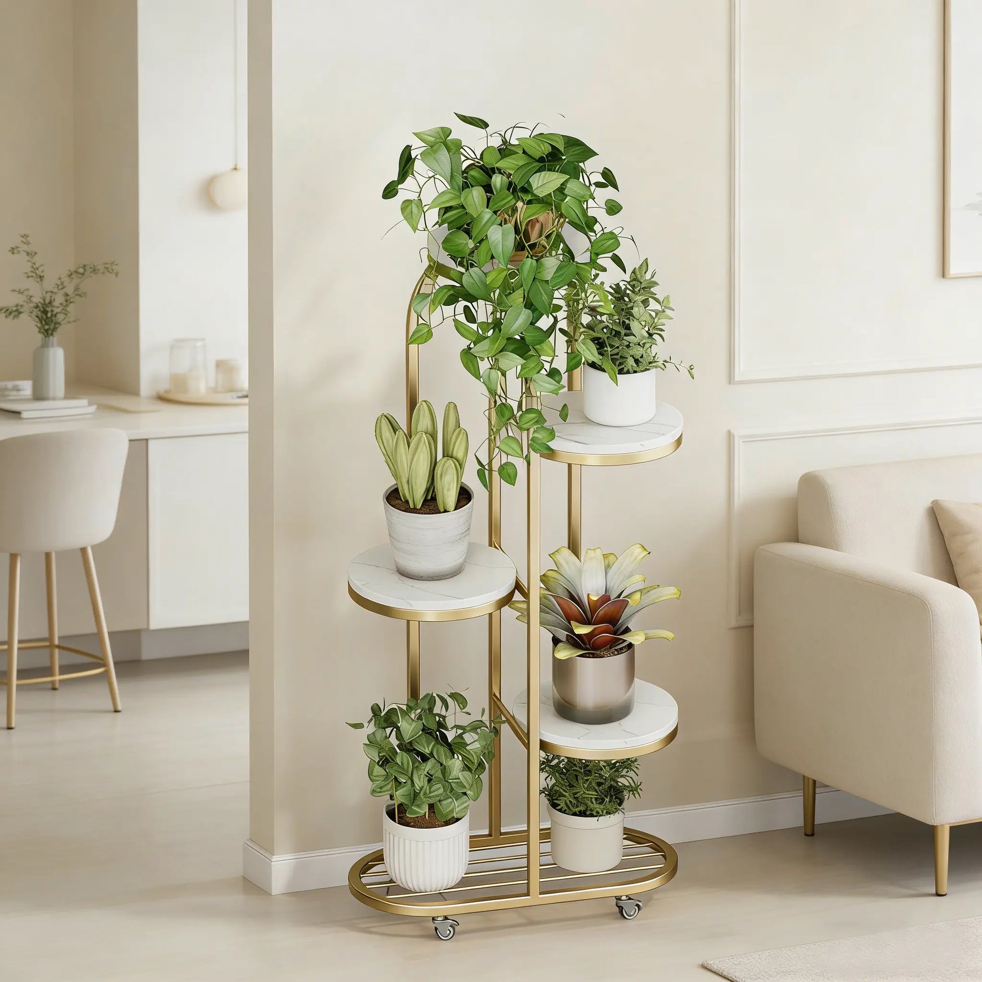 Modern Mobile Plant Stand with Wheels - Gold Metal Indoor Flower Rack, Multi-Tier Display Shelf for Living Room and Office (Space-Saving Design)