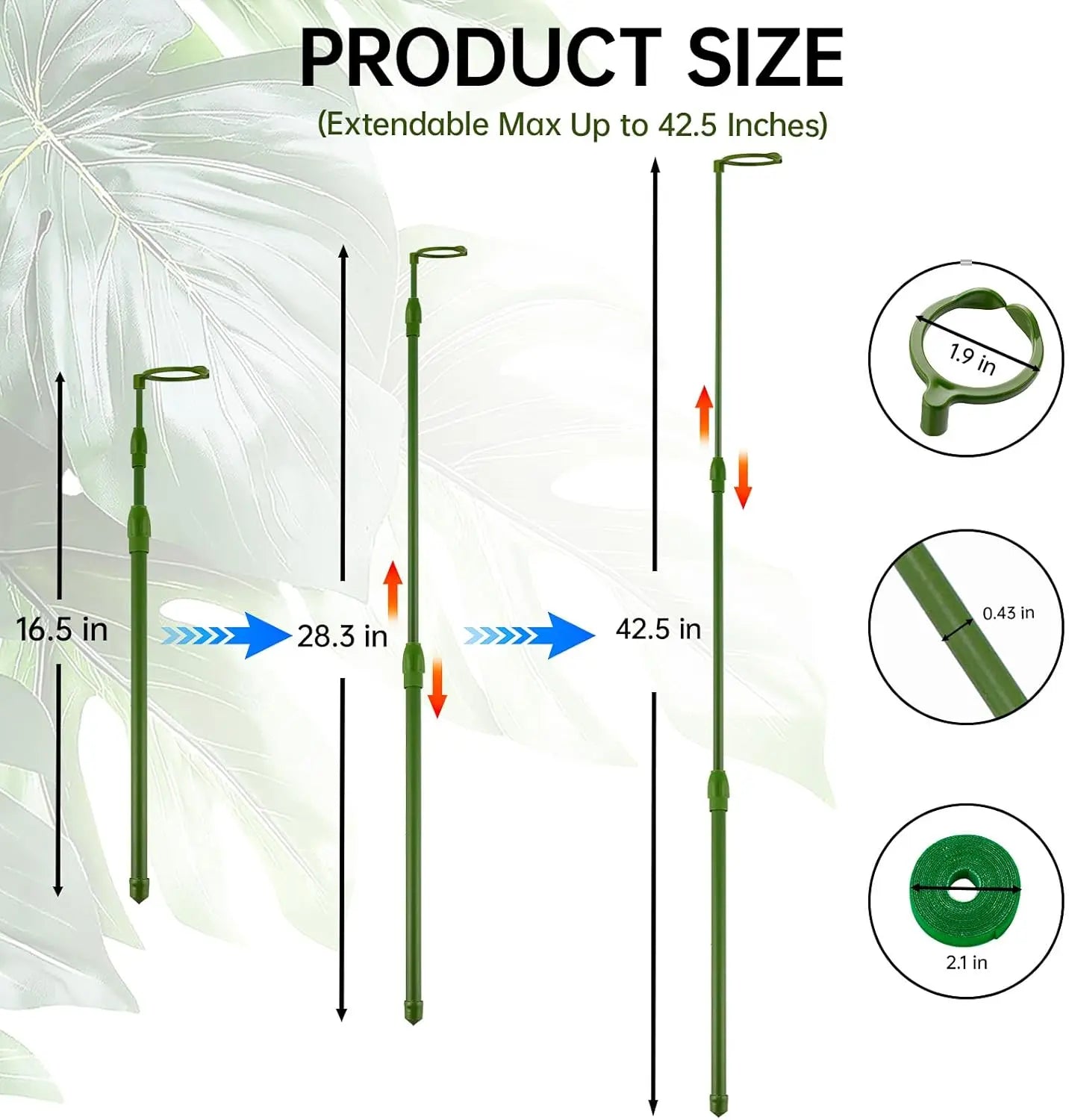 3 Pack Extendable Plant Stakes, 16.5-42.5 Inch Plant Stakes for Indoor Outdoor, Adjustable Monstera Plant Support Sticks with Clips for Clombing Plants, Vine, Orchid, Tomato, Vegetables Greenhouse Accessories