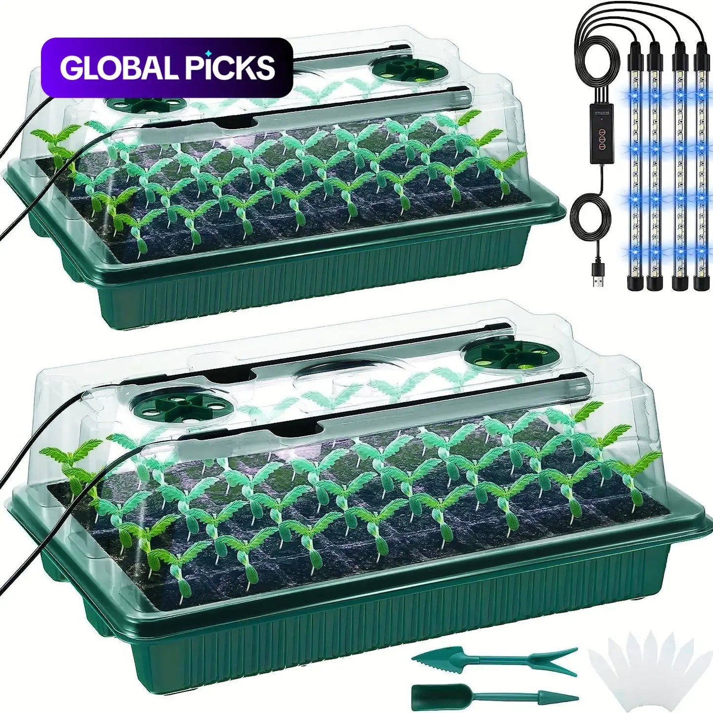 2-Pack Seed Germination Tray Set, Rechargeable Seedling Starter Tray with LED Grow Lights for Greenhouse, Garden Plant Growth, Ideal Gift for Gardeners, Garden Plant Supplies #GLOBAL PICKS