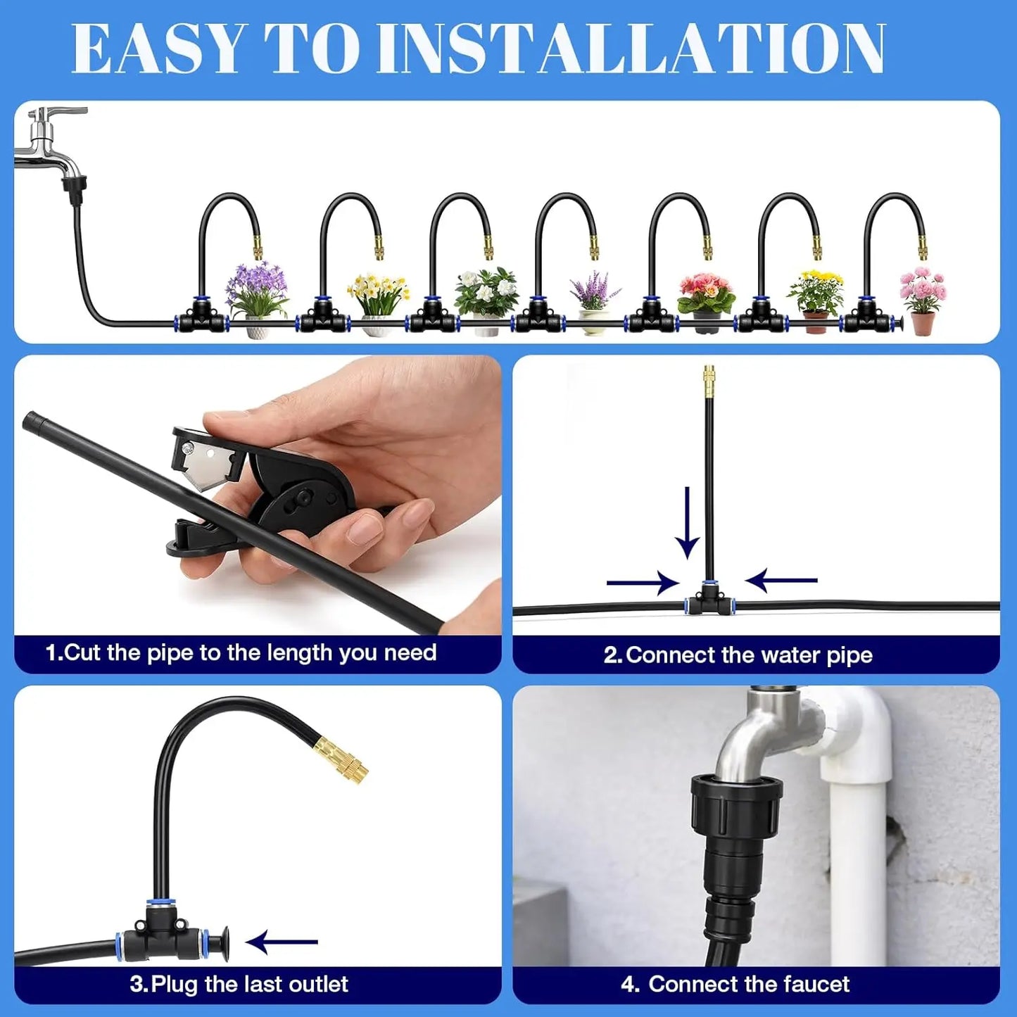 Drip Irrigation System 100FT 5/16", Upgrade Garden Sprinkler Kit with 25PCS 360° Adjustable Copper Nozzles, Automatic Misting Watering System for Raised Beds, Greenhouse, Lawn, Patio, Yard & Potted Plants