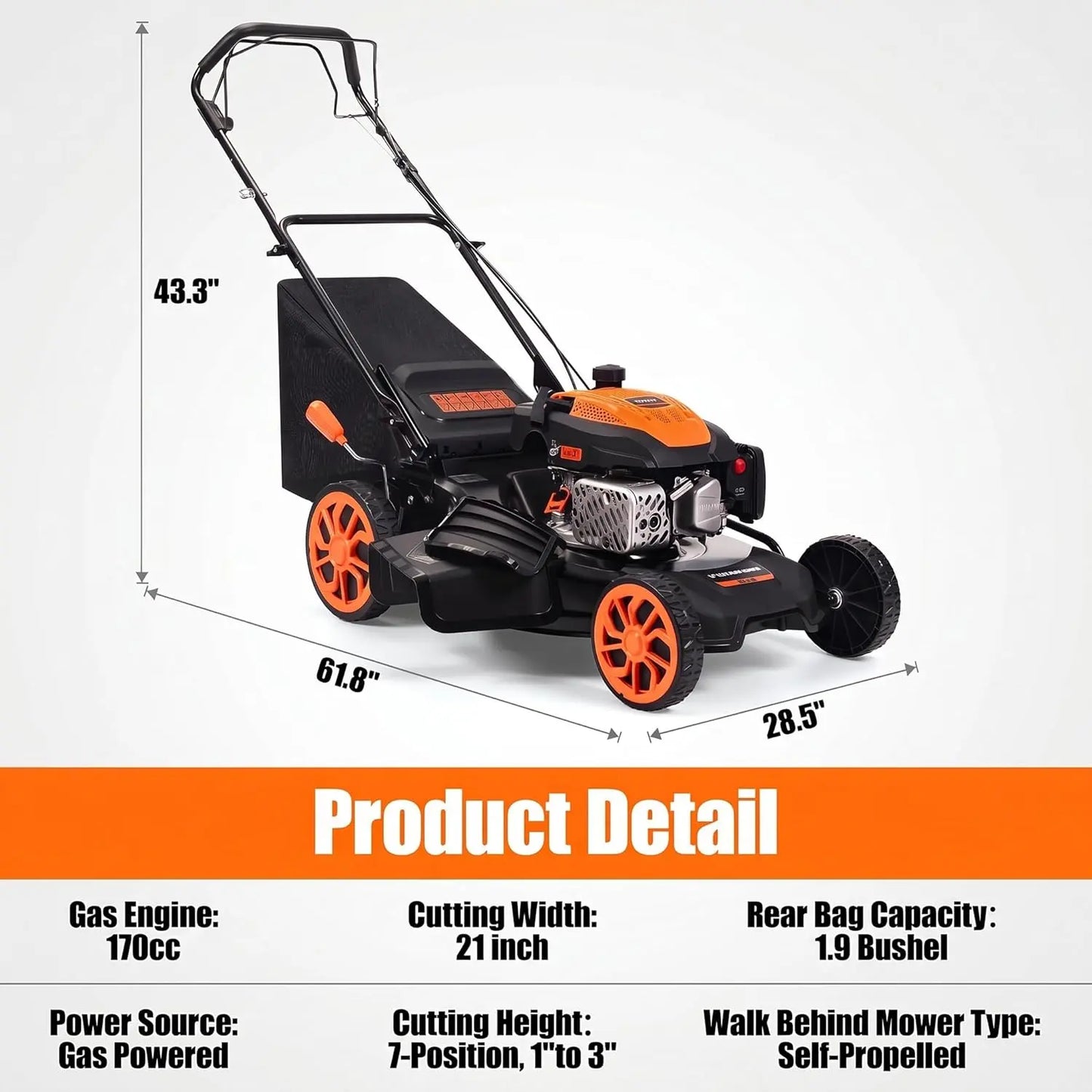 【Deals for You】Efurden 21" Self-Propelled Gas Lawn Mower – 170CC 4-Stroke Engine, 7 Cutting Heights, 3-In-1 Mulch/Bag/Discharge, 1.9-Bushel Large Grass Collector, EPA Compliant