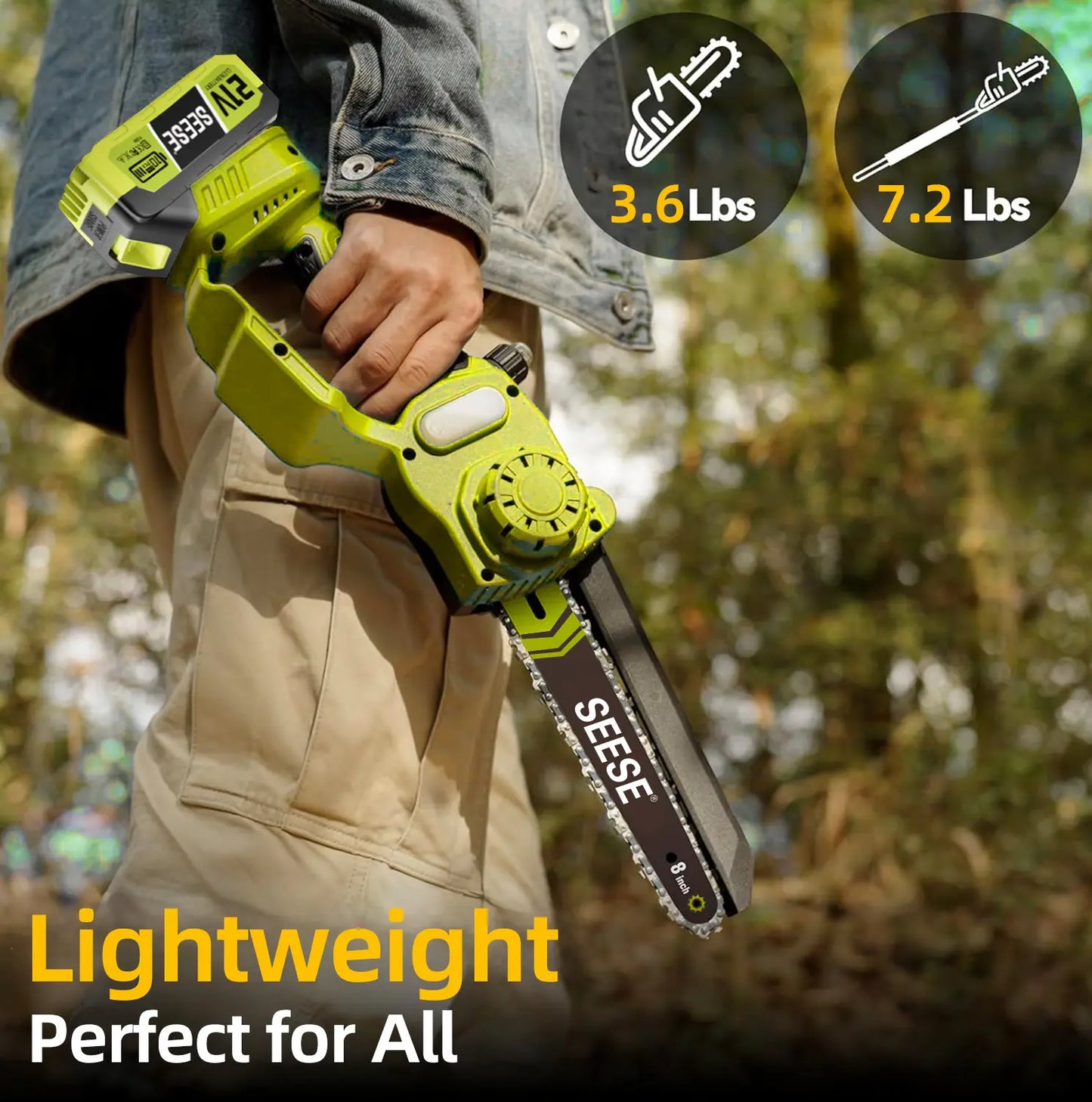 【Dealsforyoudays】Seese 2 in 1 Mini Chainsaw with 2 X 21V Batteries, 8" Brushless Electric Pruner, Telescopic Pruning Saw, Working Height up to 15Ft, 180° Angled Head, Shoulder Strap
