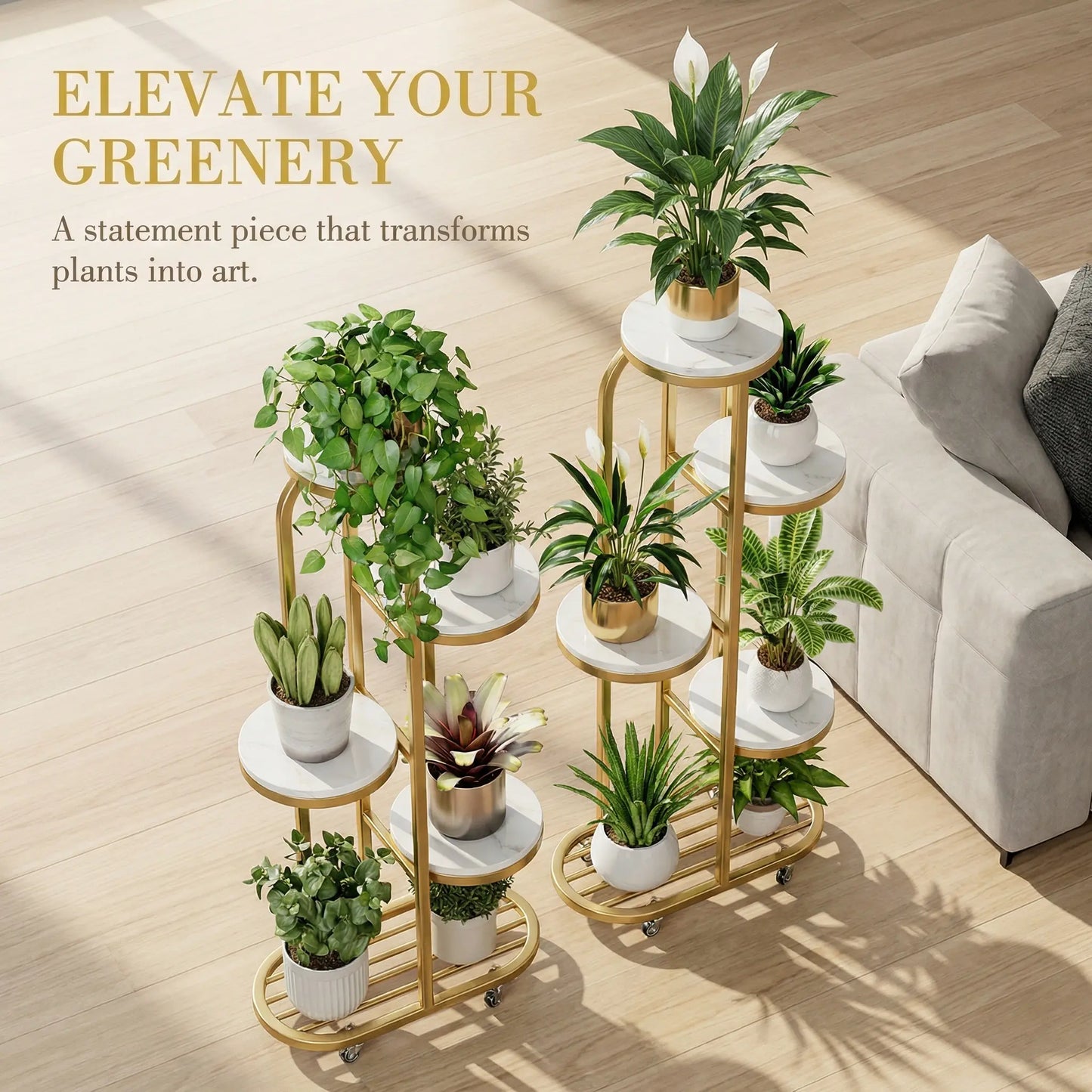Modern Mobile Plant Stand with Wheels - Gold Metal Indoor Flower Rack, Multi-Tier Display Shelf for Living Room and Office (Space-Saving Design)