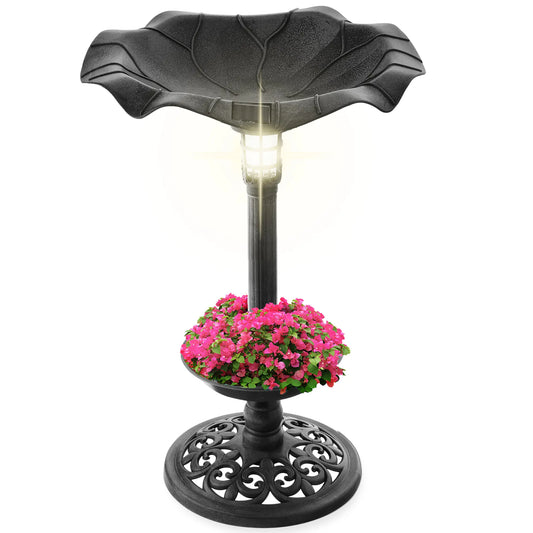 Best Choice Products Solar Lighted Pedestal Bird Bath W/ Planter, Integrated Panel