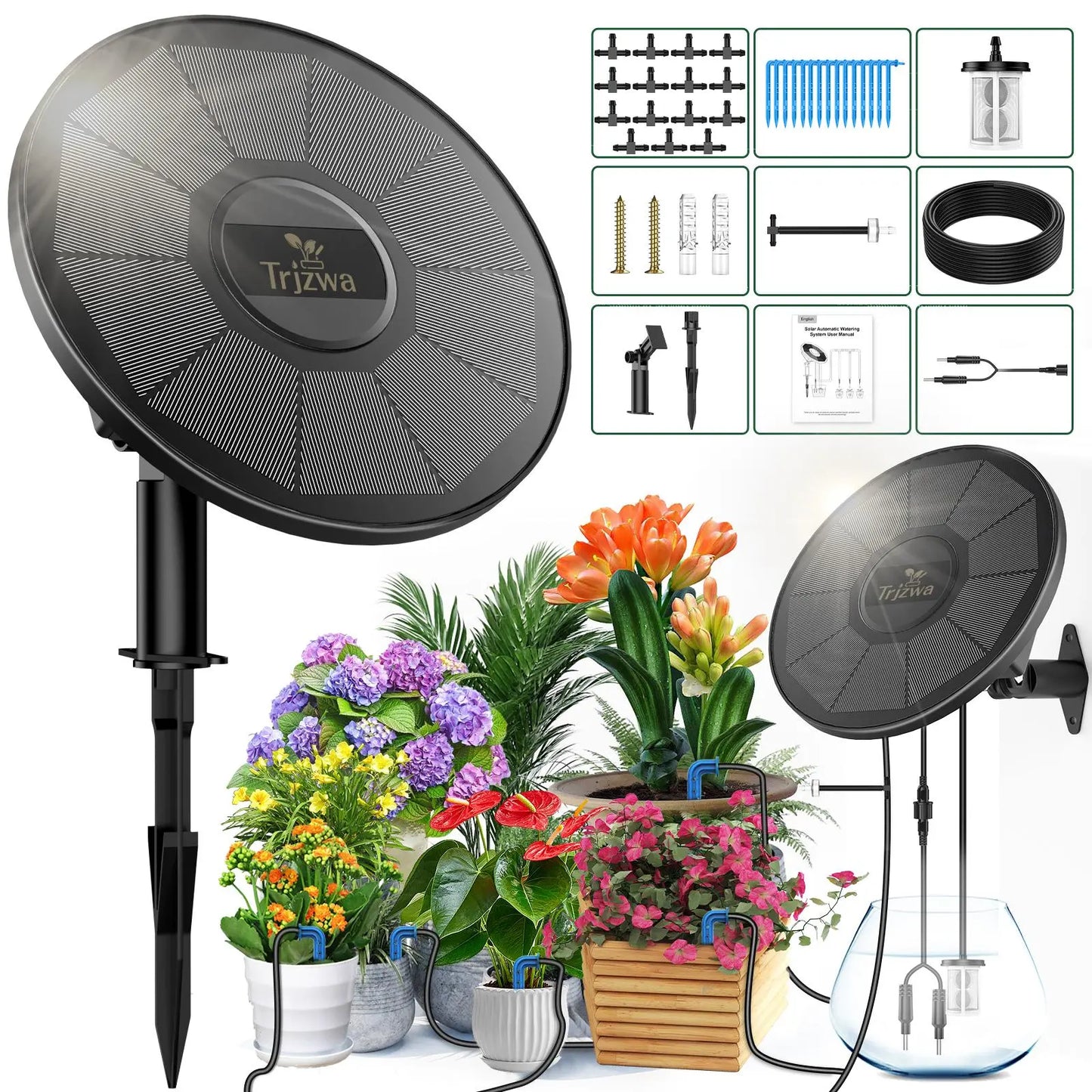 Solar-Powered Automatic Drip Irrigation Kit with Timer, 12 Modes, Water Level Alarm, 15 Plants, 15M Tube & Drippers, for Indoor Outdoor Garden, Balcony, Greenhouse & Potted Plants