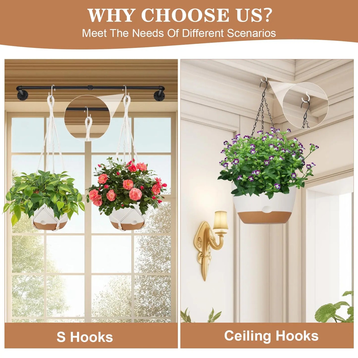 3 Pack Hanging Planters for Indoor Plants, 10 + 10 + 8 Inch Self-Watering Hanging Plant Pot, Macrame Plant Hanger with Pot, Ceiling Hooks, Removable Saucer and Drainage Holes for Garden Home