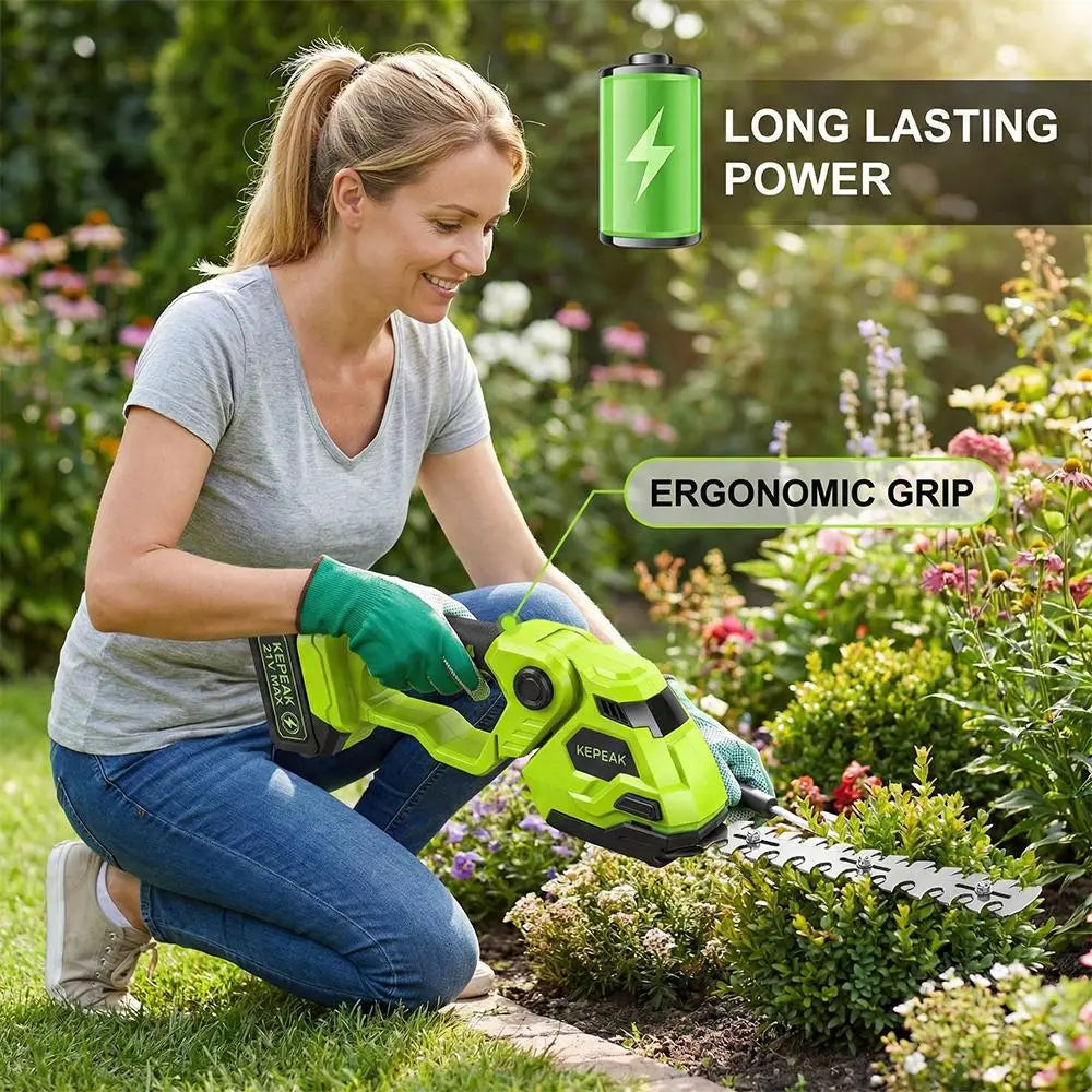 【Dealsforyou】Cordless Hedge Trimmer 21V with Battery and Charger, 220Mm Electric Bush Trimmer, Portable Garden Shrub Trimmer with Storage Bag