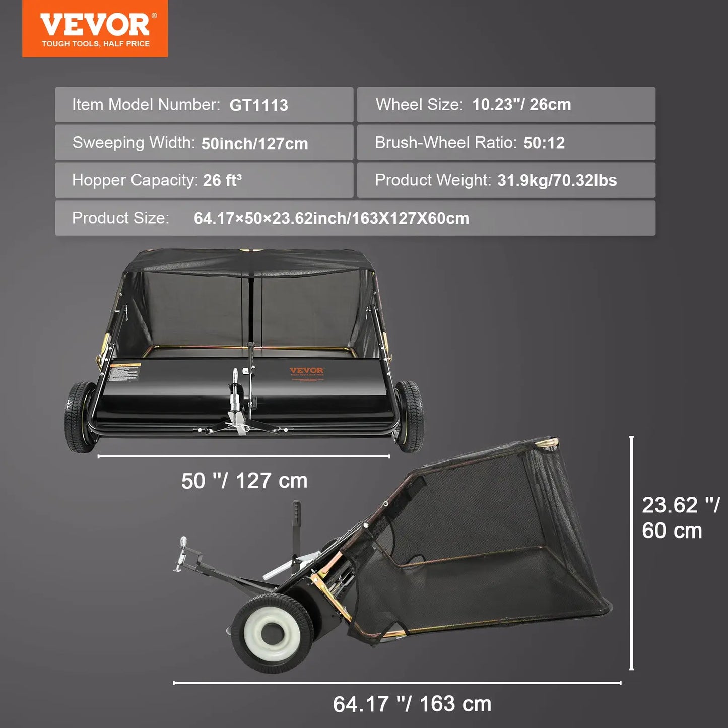 【Dealsforyoudays】Vevor Push Lawn Sweeper 26 Inch Leaf & Grass Collectorstrong Rubber Wheels & Heavy Duty Thickened Steel Durable to Use with Large Capacity 7 Ft³ Mesh Collection Bag4 Spinning Brushes