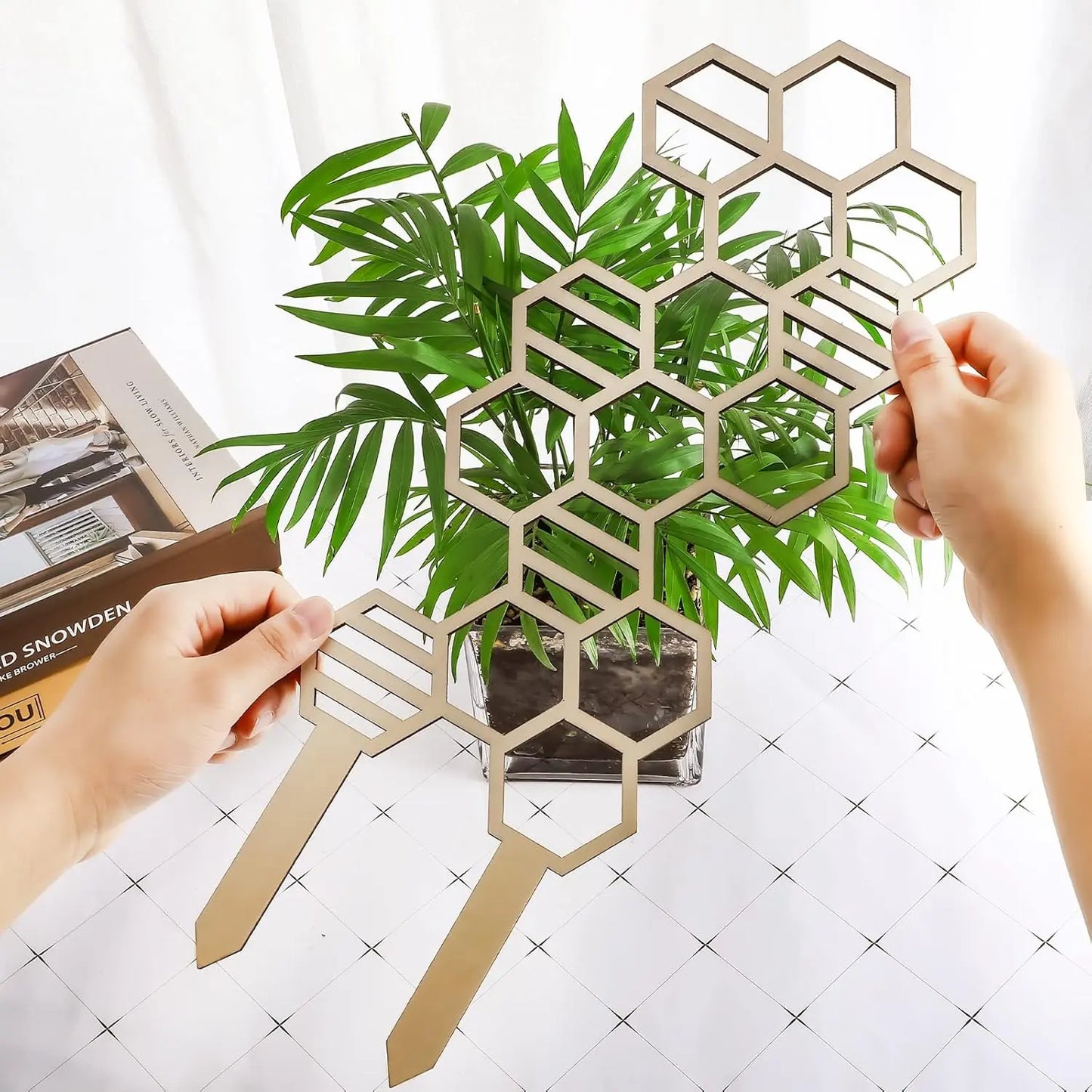 2 Pcs Indoor Plant Trellis for Climbing Plants, 16" Wooden Small Trellis Hexagon Potted Plant Trellis with 10 Pcs Black Cable Ties for Vine Flower Stem Support Accessories(Honeycomb)