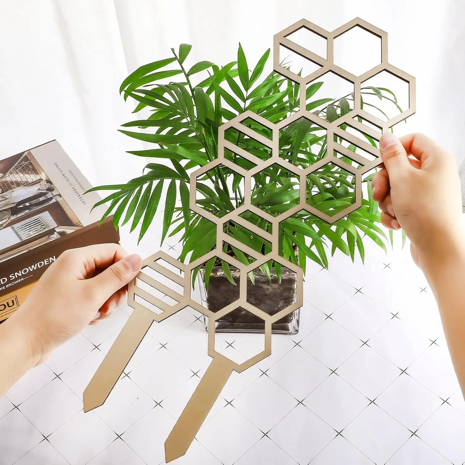 2 Pcs Indoor Plant Trellis for Climbing Plants, 16" Wooden Small Trellis Hexagon Potted Plant Trellis with 10 Pcs Black Cable Ties for Vine Flower Stem Support Accessories(Honeycomb)