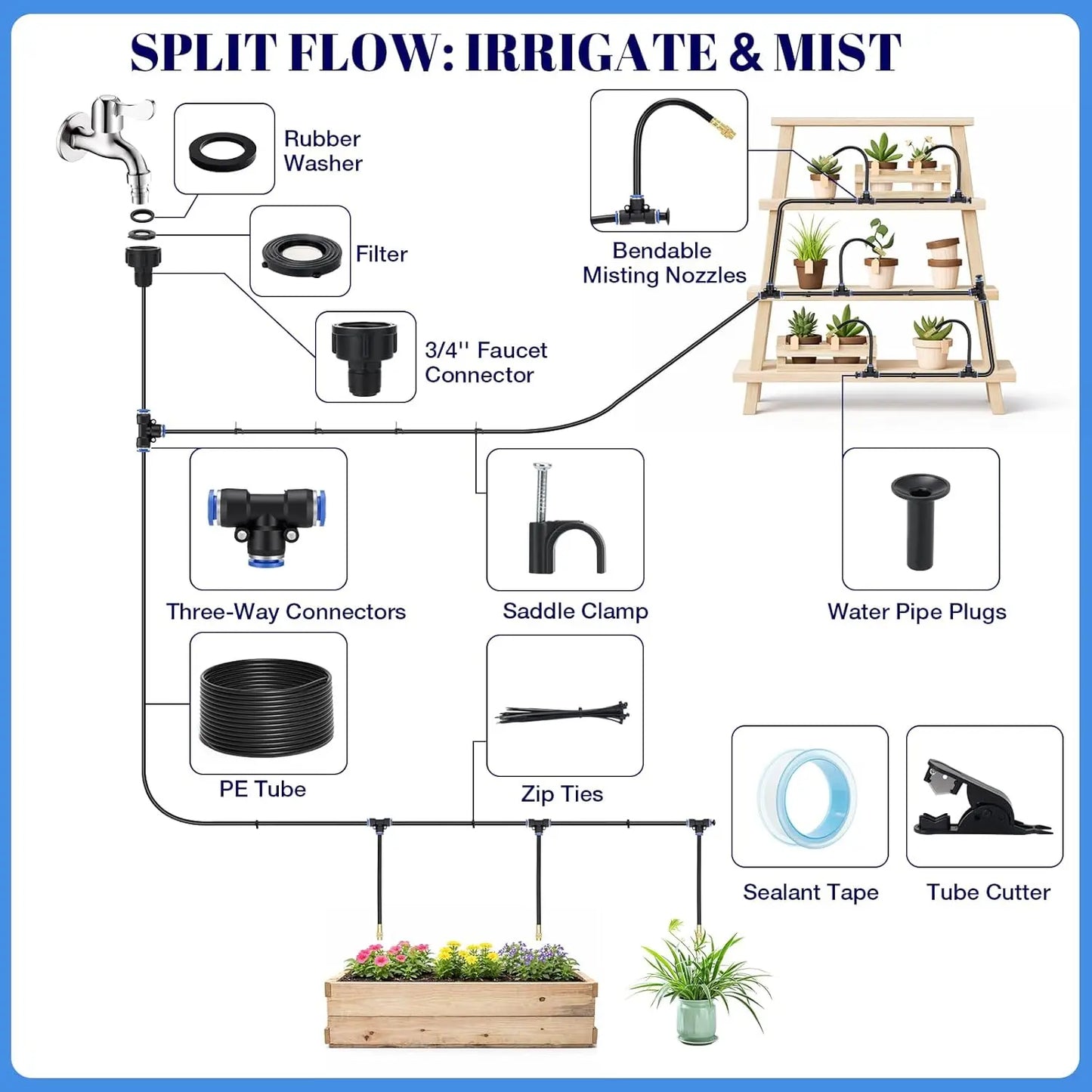 Drip Irrigation System 100FT 5/16", Upgrade Garden Sprinkler Kit with 25PCS 360° Adjustable Copper Nozzles, Automatic Misting Watering System for Raised Beds, Greenhouse, Lawn, Patio, Yard & Potted Plants