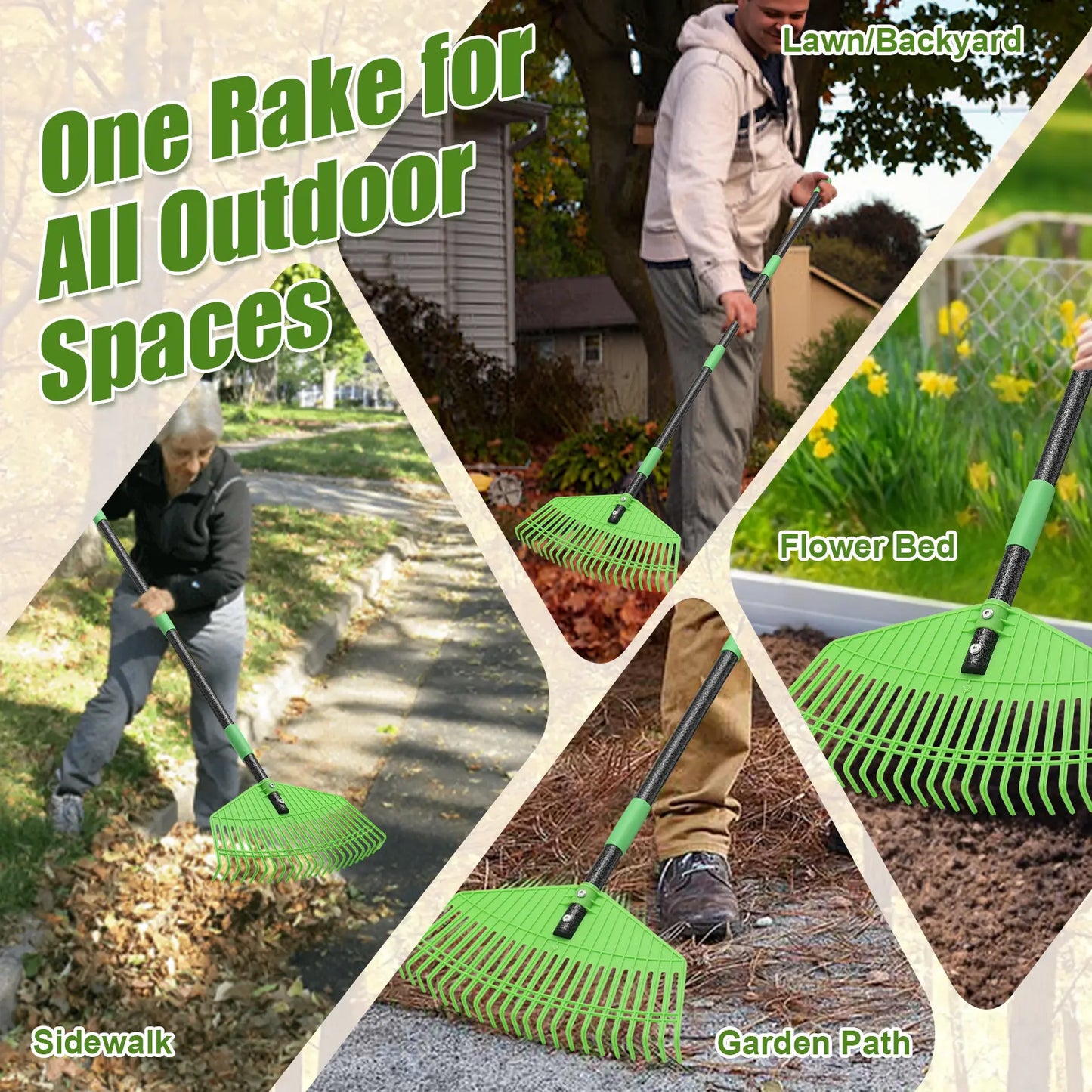 Adjustable 65'' Lightweight Plastic Leaf Rake - Ideal for Leaves, Grass, Pine Needles, and Mulch; Gentle on Lawn and Garden - User-Friendly for Women, Seniors, and Children
