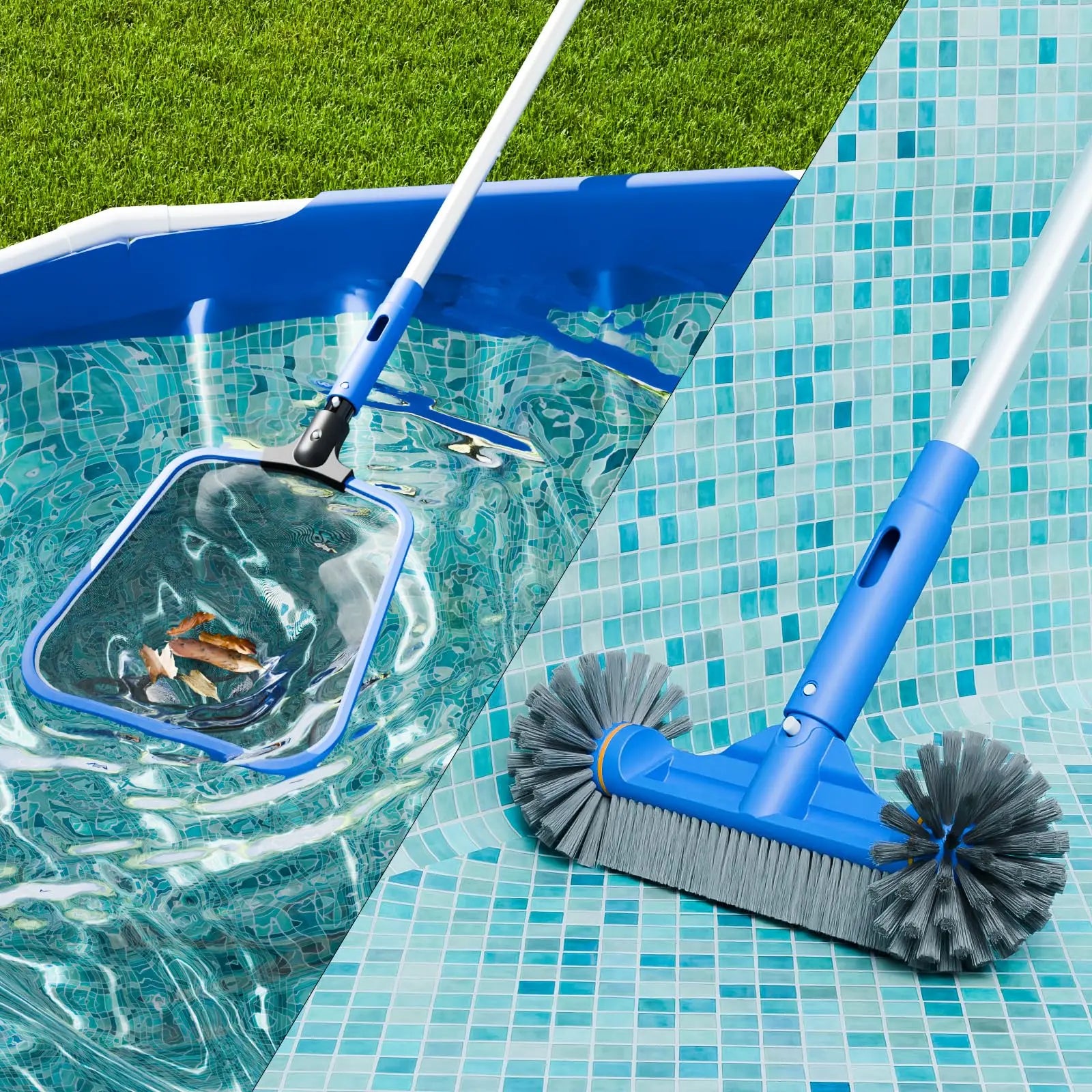 Sepetrel Complete Adjustable Aluminum Pool Maintenance Kit with 70" Pole, Fine Mesh Leaf Skimmer Net, and 12" Brush - Ideal for Above Ground Pools, Spas, and Hot Tubs