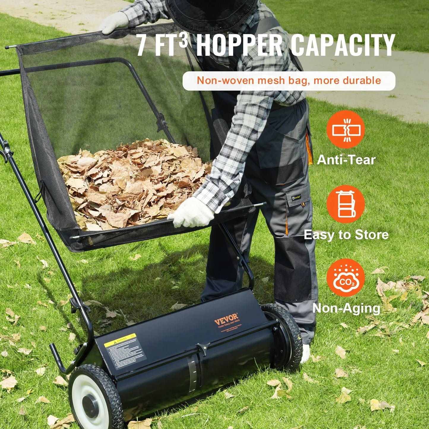 【Dealsforyoudays】Vevor Push Lawn Sweeper 26 Inch Leaf & Grass Collectorstrong Rubber Wheels & Heavy Duty Thickened Steel Durable to Use with Large Capacity 7 Ft³ Mesh Collection Bag4 Spinning Brushes