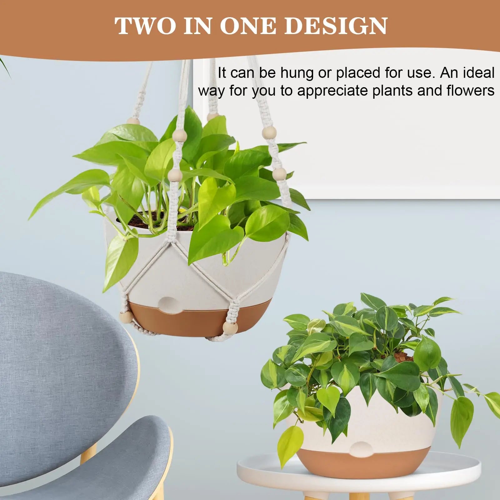 3 Pack Hanging Planters for Indoor Plants, 10 + 10 + 8 Inch Self-Watering Hanging Plant Pot, Macrame Plant Hanger with Pot, Ceiling Hooks, Removable Saucer and Drainage Holes for Garden Home