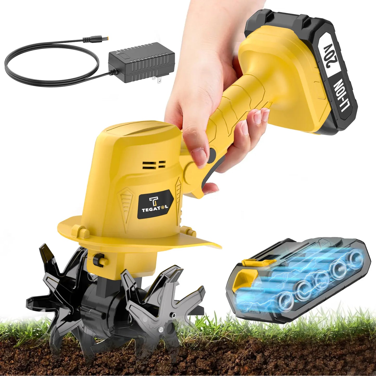 【Fathersdaygift】20V Cordless Electric Tiller, Handheld Mini Garden Cultivator, 235RPM Soil Tiller for Weeding, Soil Loosening, Tilling & Garden Landscaping, 5-Inch Width, 4-Inch Depth