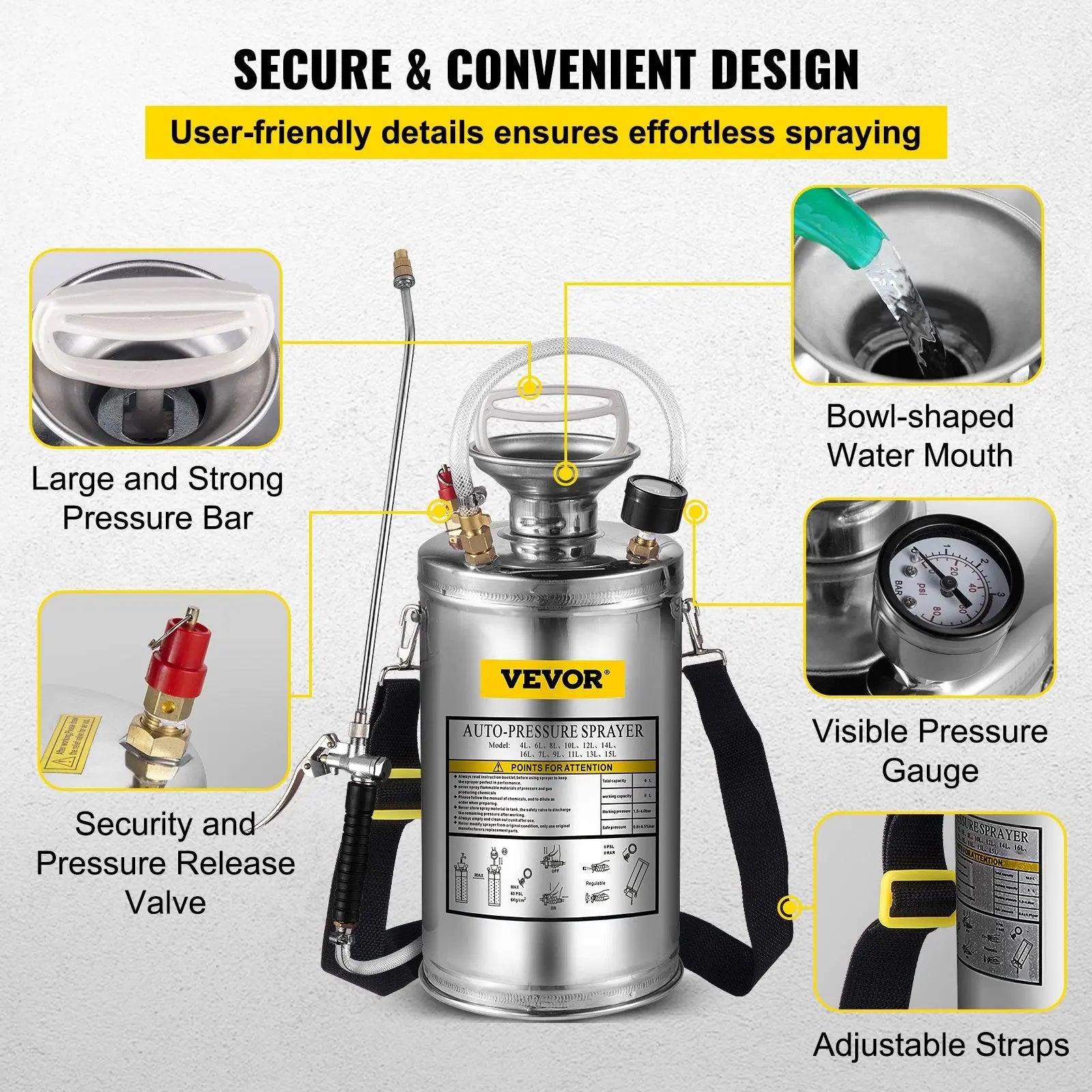【Fathersdaygift】Vevor Stainless Steel Sprayer, Set with Wand& Handle& Reinforced Hose, Hand Pump Sprayer with Pressure Gauge&Safety Valve, Adjustable Nozzle Suitable for Gardening& Sanitizing VEVOR Super Brand Day