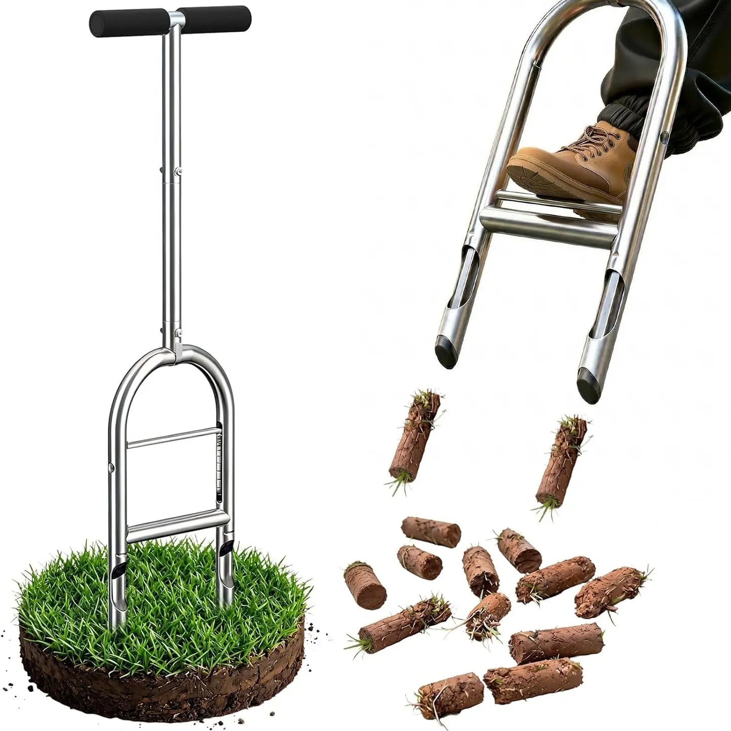 EKIORI Manual Lawn Aerator with Patented Step-To-Eject System - Heavy-Duty Steel Core Aerator Tool for Clog-Free Soil Plugging, Easy DIY Yard Care for Greener Grass