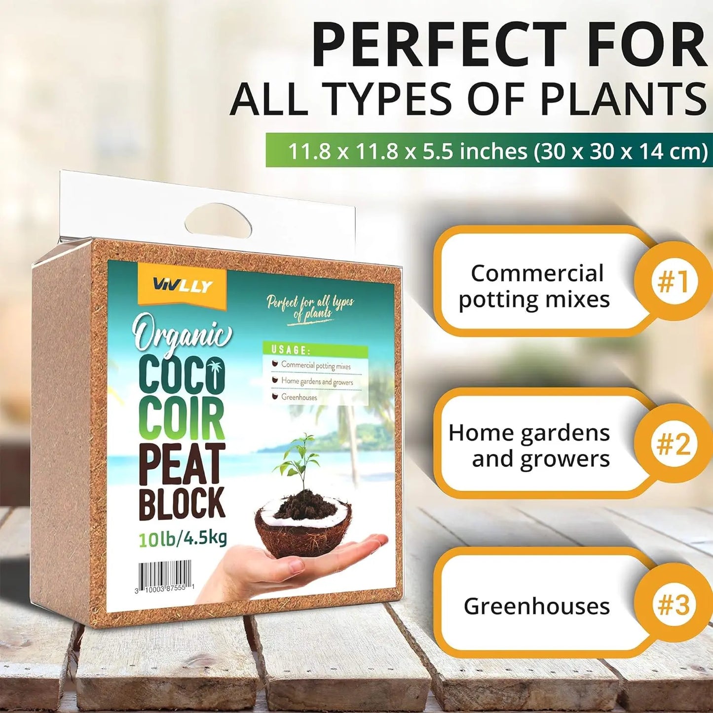 10Lb Coconut Coir Brick Organic Potting Soil Substrate Expands in Water Ph-Adjusted for Indoor Plants Premium Garden Supplies Eco-Friendly