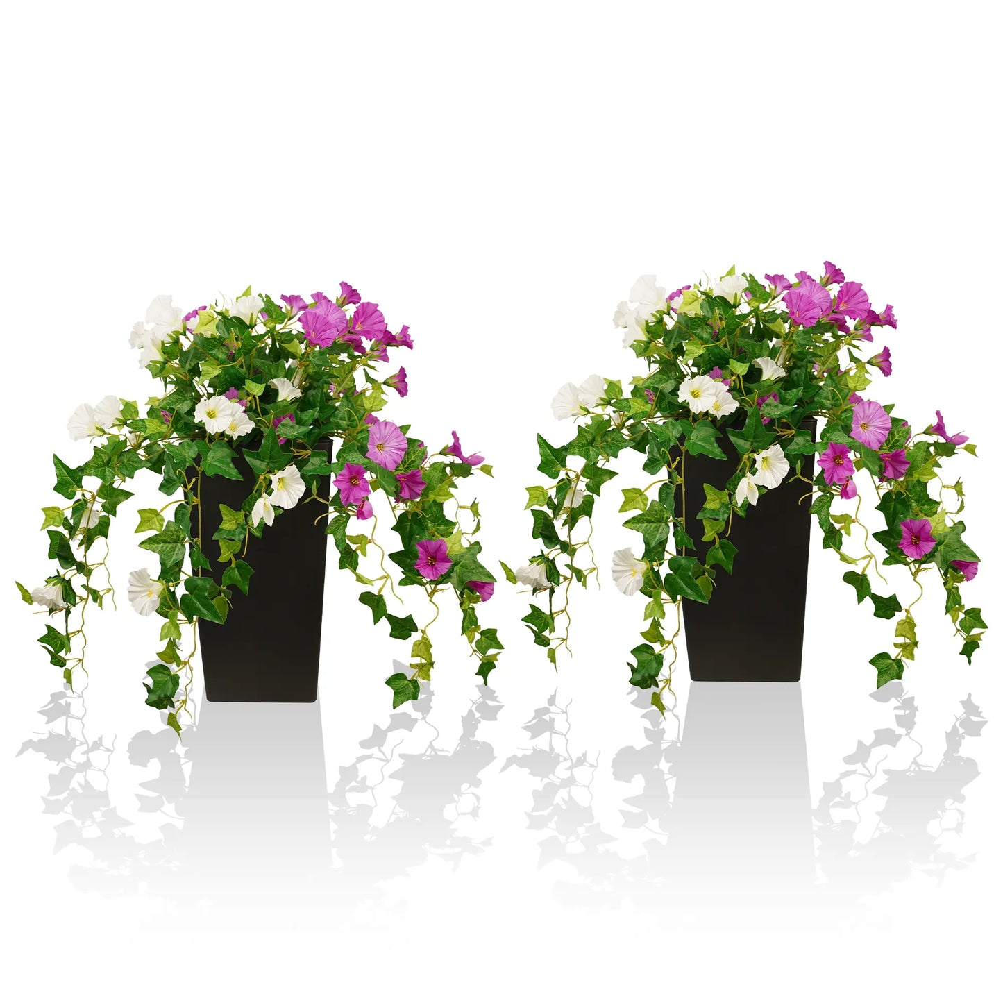 Set of 2 Artificial Flowers Outdoor with 2 Black Planters Total 60Cm, Fake Silk Flowers Durable Faux Plants for Front Porch, Patio, Garden Decoration Home