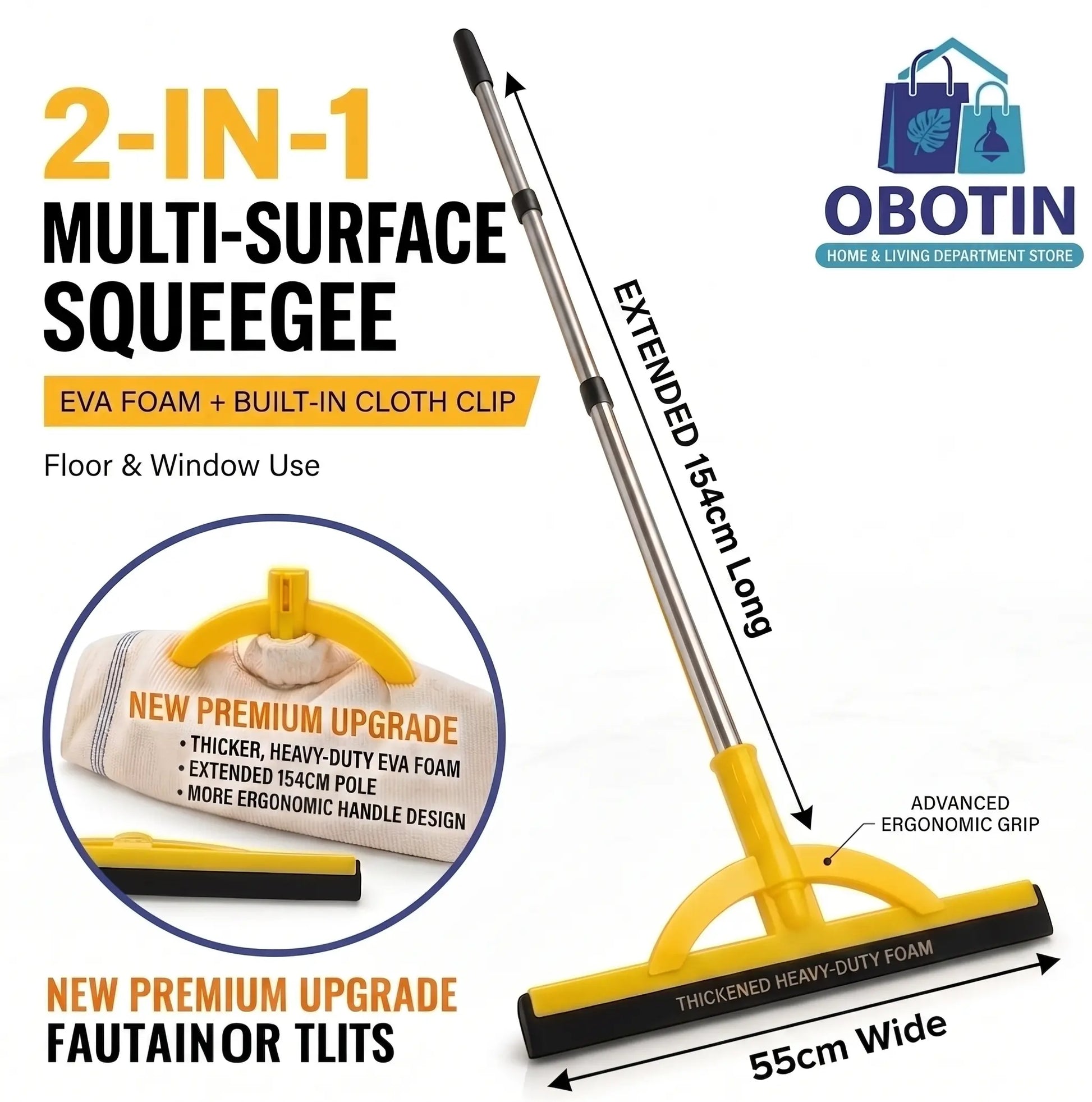 Heavy-Duty 2-in-1 Floor Squeegee - Lightweight and Durable Foam Blade with Adjustable Extendable Handle for Indoor and Outdoor Cleaning