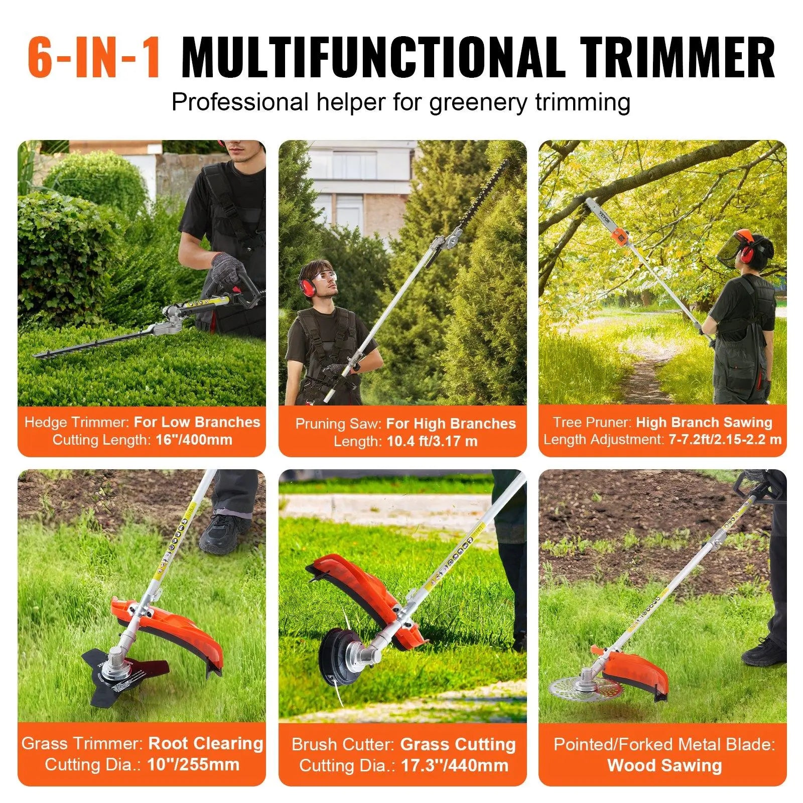 【Dealsforyoudays】Vevor 52CC 6-In-1 Multi-Functional Trimming Tools with Gas Hedge Trimmer, , Weed Eater, String Trimmer, Brush Cutter, Edger & Pole Saw Chainsaw Pruner Whacker Shoulder VEVOR Super Brand Day